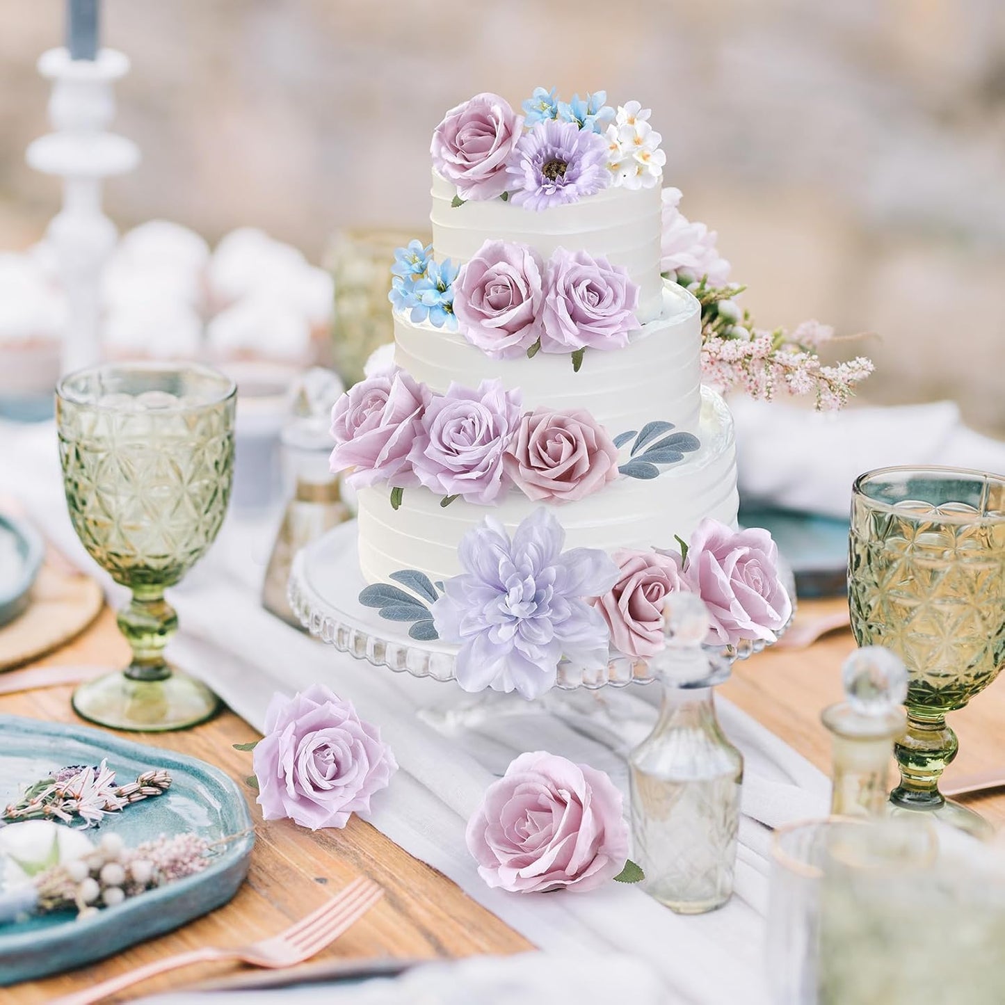 AGIRL Rose Artificial Flowers Combo Fake Flowers Purple White Silk Flowers Fake Floral Arrangements Cake Flowers for DIY Wedding Bouquets Centerpieces Table Decor Baby Shower Home Decor