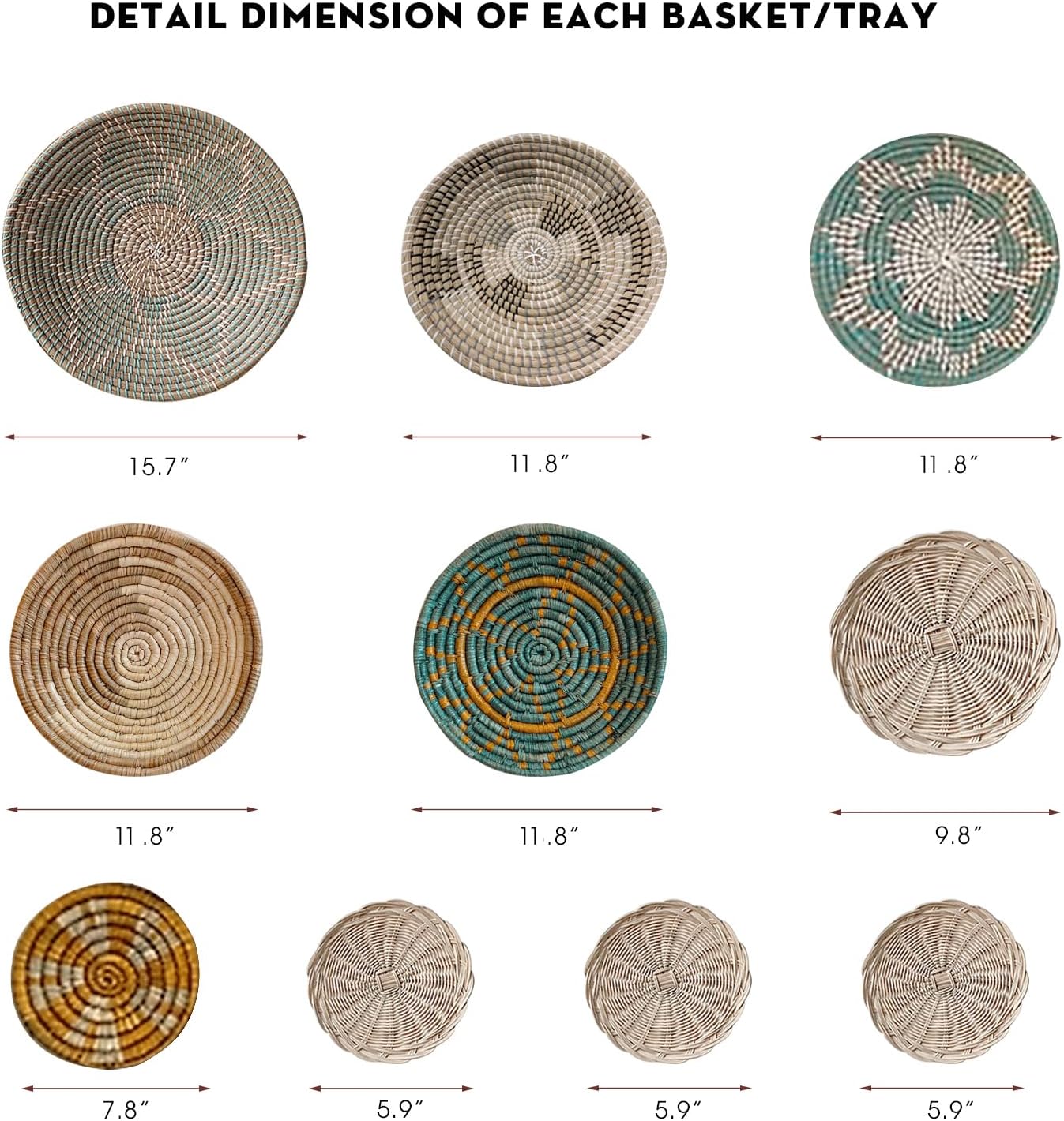 Wicker Basket Wall Decor – Boho Baskets For Wall Decoration with Loop Attached, Handwoven Wall Plates, Natural Woven Wall Art for Living Room Bedroom, Decorative Seagrass Wall Hanging Set of 10