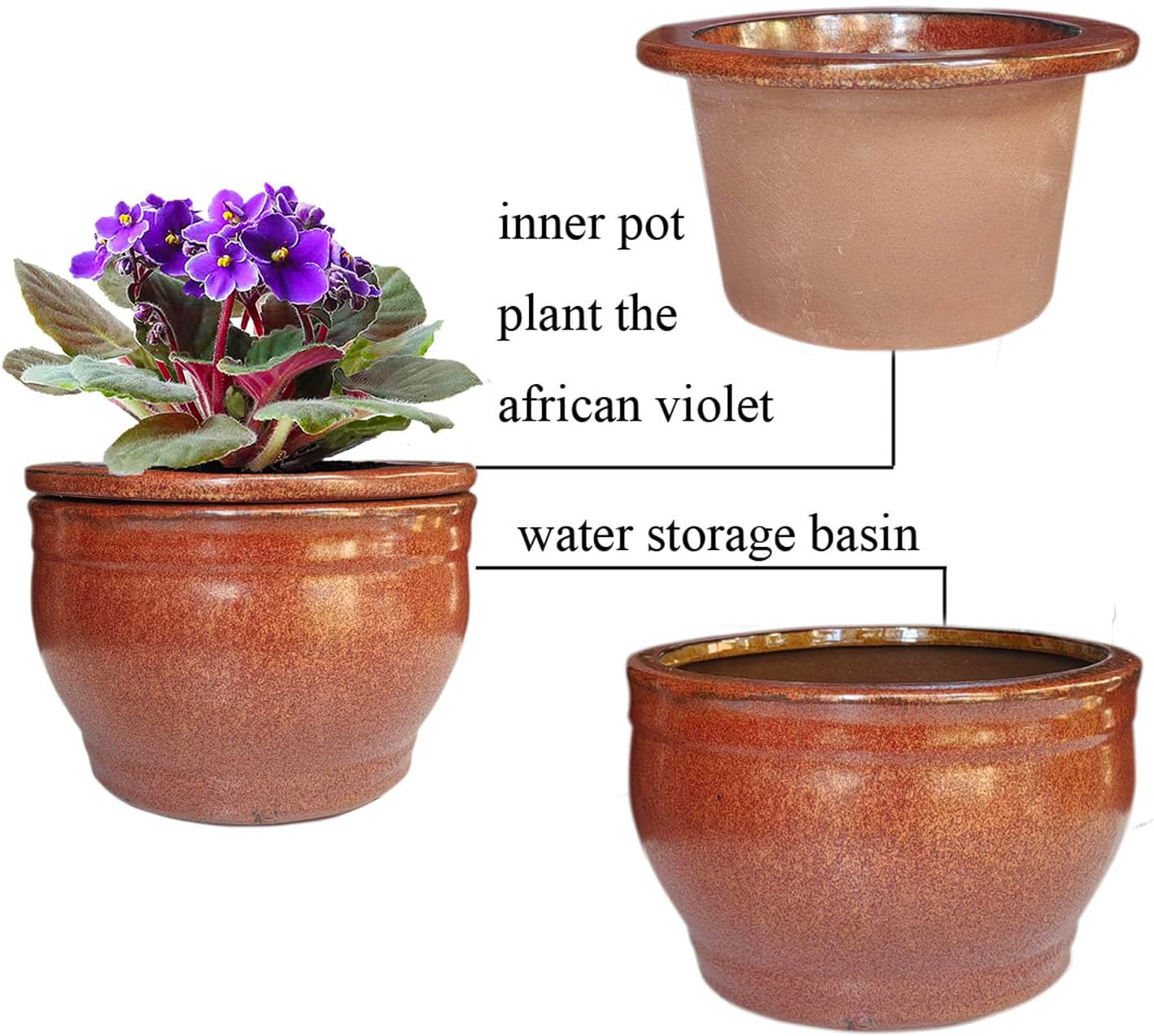 African Violet Pots Self Watering Round Ceramic Violet Pot (Copper, 6 inch)