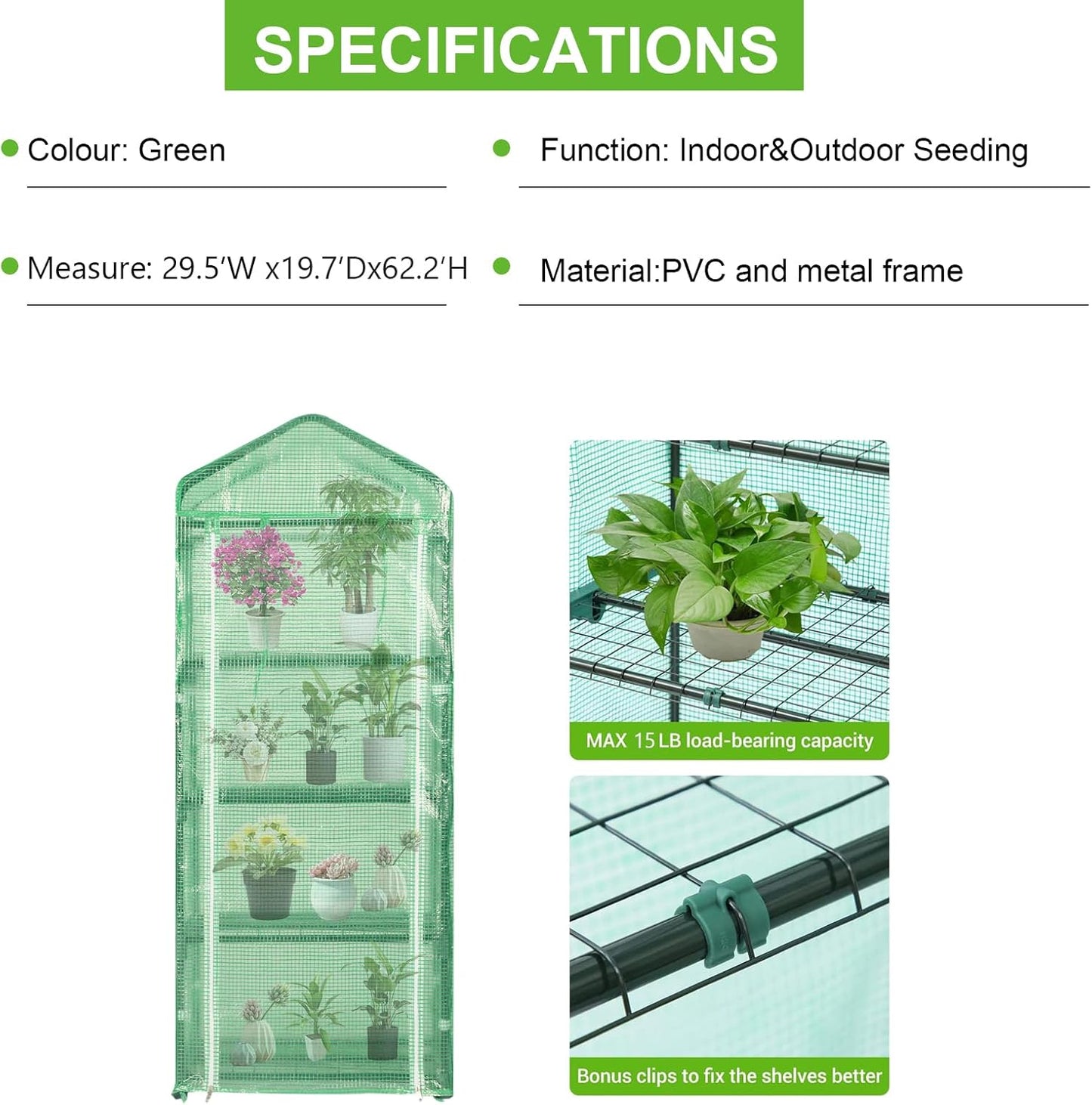 Oneness Mini 4-Tier Greenhouse, Indoor and Outdoor Reusable Portable Warm House with Green PVC Cover and Metal Shelf for Seeding in All Season, 29.5”W x 19.7”D x 62.2”H