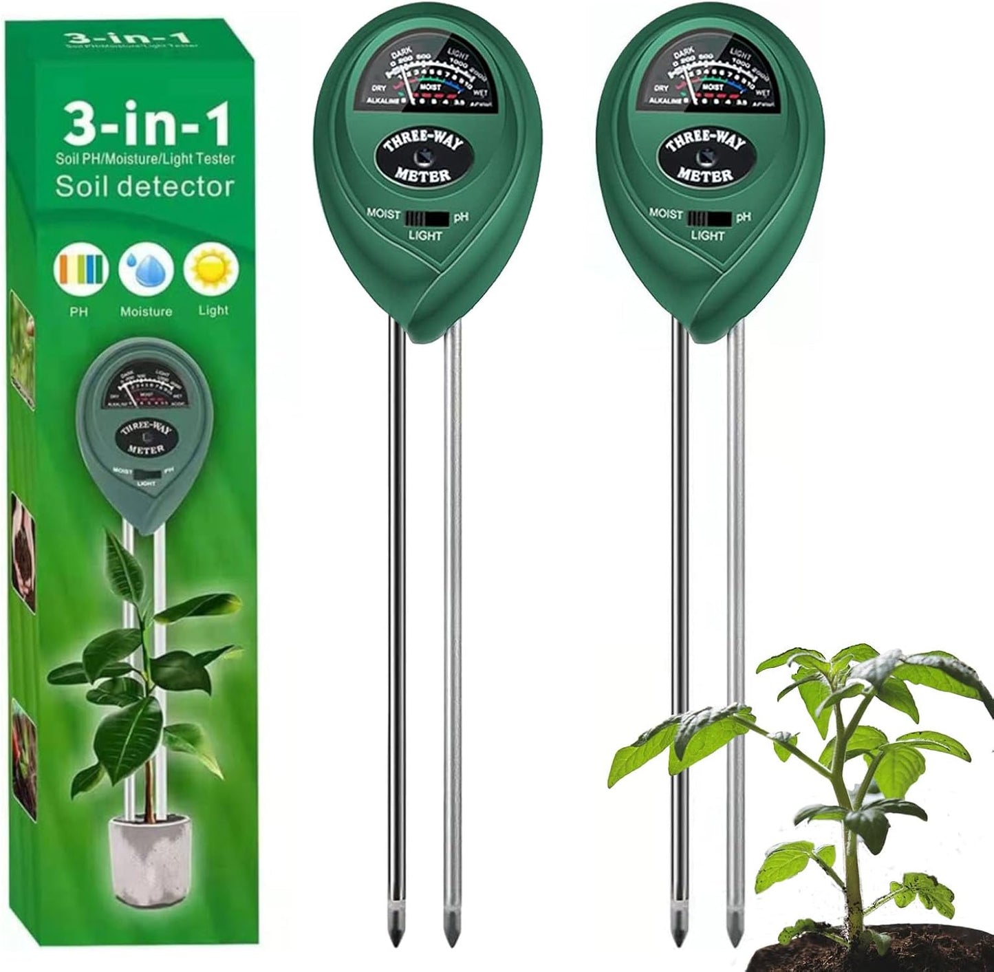 2 Pack Soil Tester, 3-in-1 Plant Moisture Meter Light and PH Tester Garden Lawn Farm, Indoor and Outdoor Use, Soil Test Kit Acidity Water