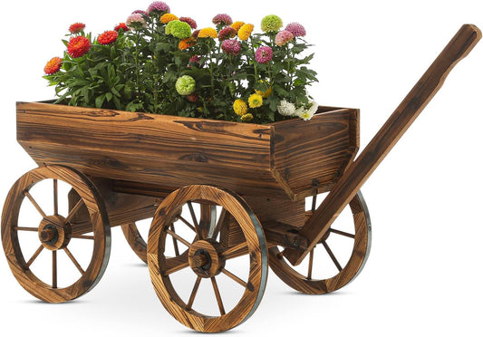 Garden Wooden Decor Rustic Flower Pot,Planters Wagon Indoor Outdoor Backyard Balcony Decor,for Outside Garden Decor Wheelbarrow Planter for Patio (Wooden Wagon)