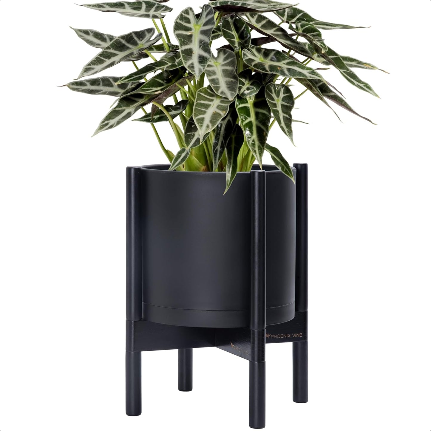 D'vine Dev Planter Pot with Stand - 10 Inch Plastic Cylinder Flower Pot with Wood Planter Holder for Indoor, Matte Black Pot + Ebony Stand, 55-C-N-2