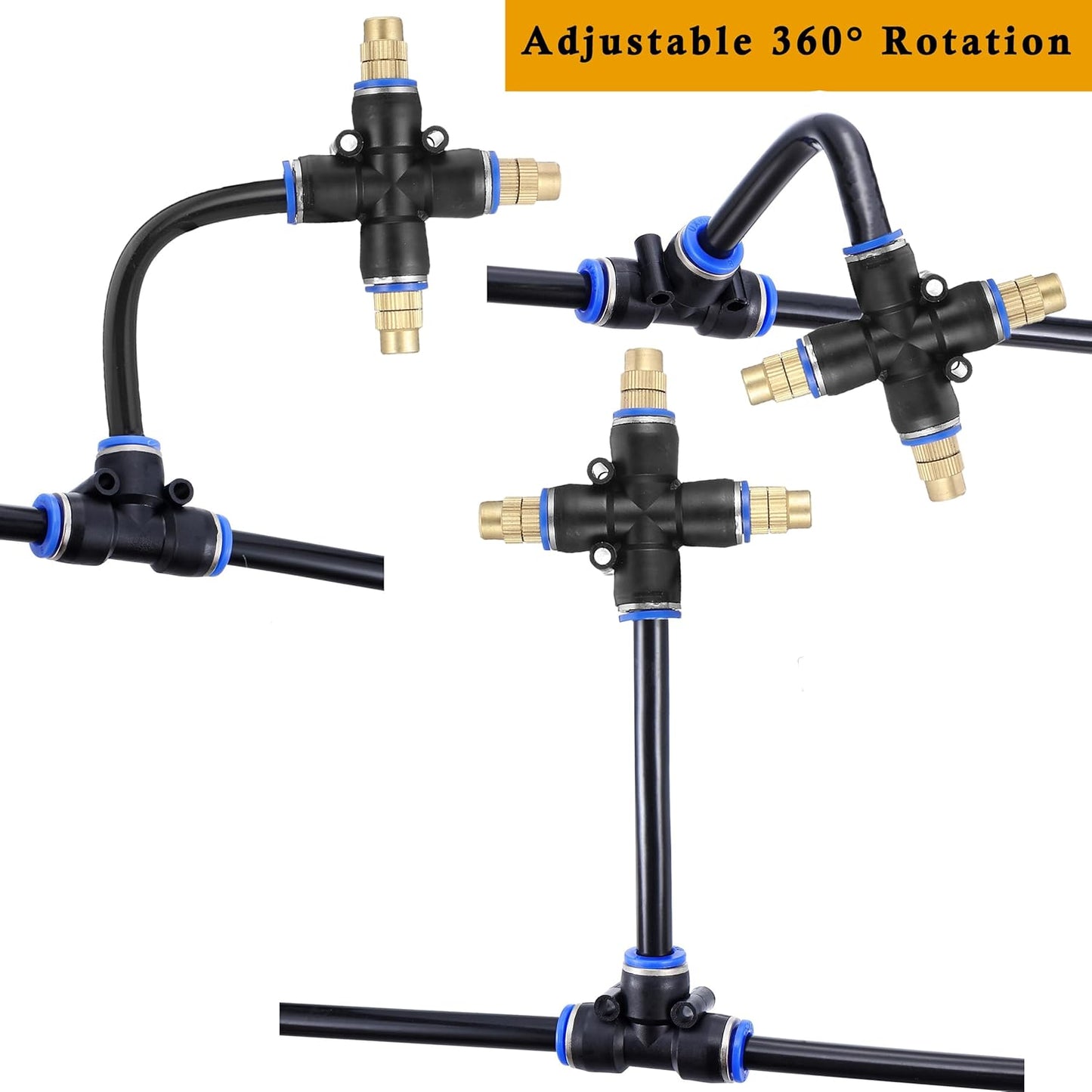 Mornajina 3Packs 3 Way Brass Misting Nozzles Tee with 9inch Built in Hose for Outdoor Cooling System, Adjustable 360° Rotation, Water Mister Nozzles Thread Sprayer 0.043" (1.1 mm)
