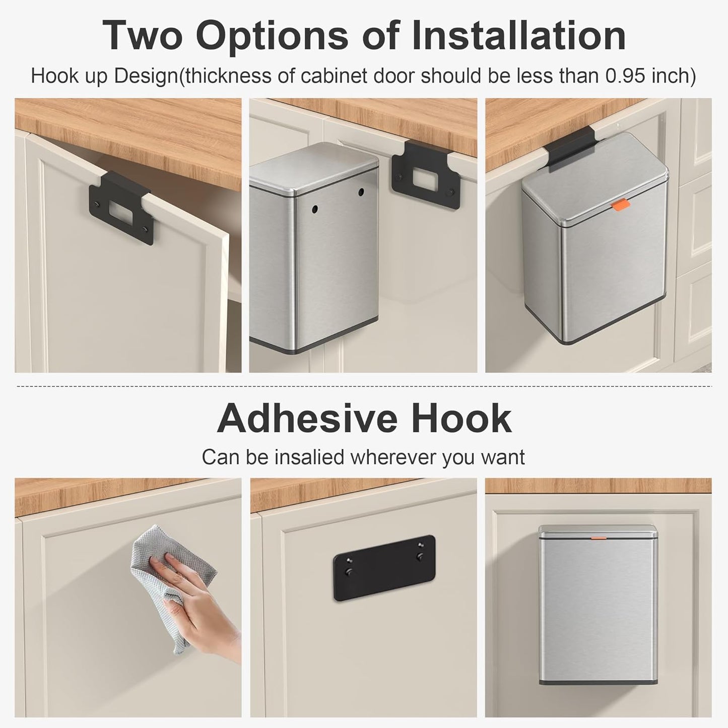 Mbillion Kitchen Compost Bin Hanging Trash Can with Lid 2.1 Gallon Stainless Steel Garbage Can for Kitchen Cabinet Door Mounted Trash Can Under Sink Door RV Bathroom,Silver