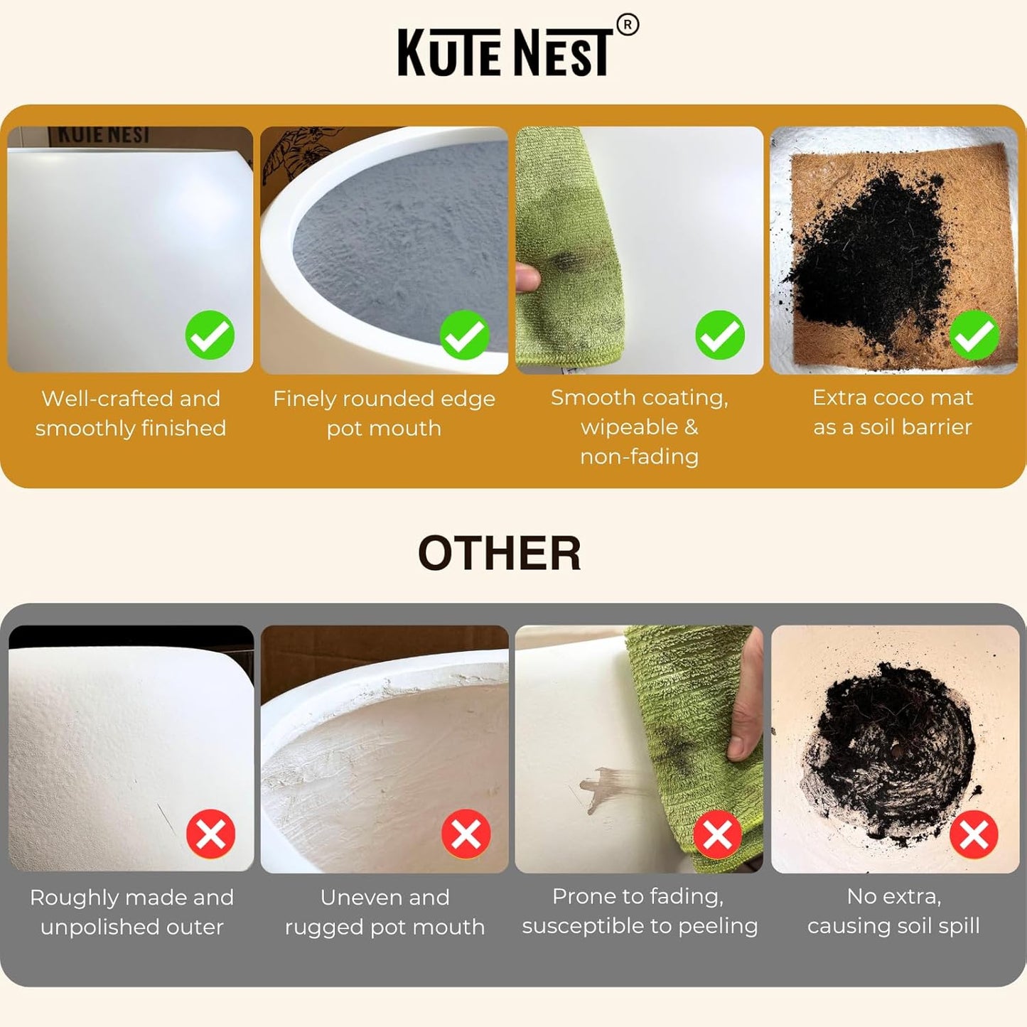 16.5" H x 15" D Corso Fiberstone Round Tapered Planter with Drainage Hole, Smooth Finishes, Weather Resistant for Indoor & Outdoor Use, Included 2 Extra Coco Mats (White, 11.5" Pot Opening)