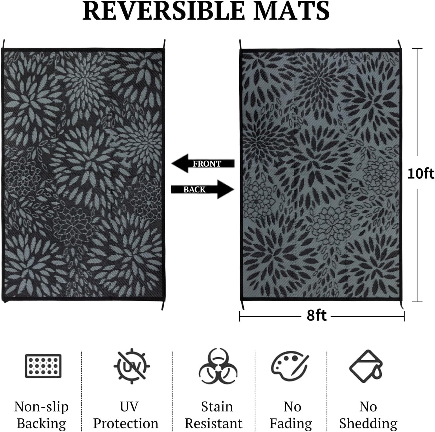 8'x10' Reversible Outdoor Rug - Eco-Friendly Plastic Straw Rug-Heavy-Duty Waterproof Mat, UV & Fade Resistant for Patio, Camping, RV, Deck, Balcony(8x10,Black&Floral)