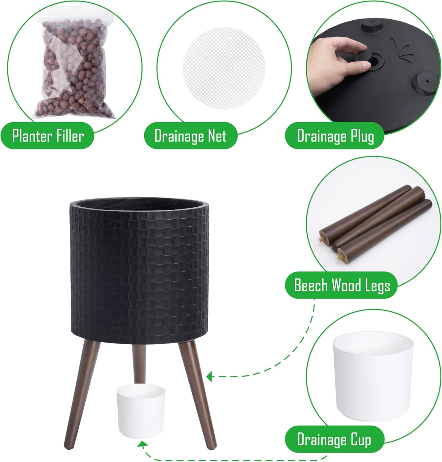 D'vine Dev 12 Inch Modern Geometric Tile Patterned Sleek Planter Pot with Stand, Indoor Outdoor Decorative Plant Holder, Matte Black, 88-Z-C-2