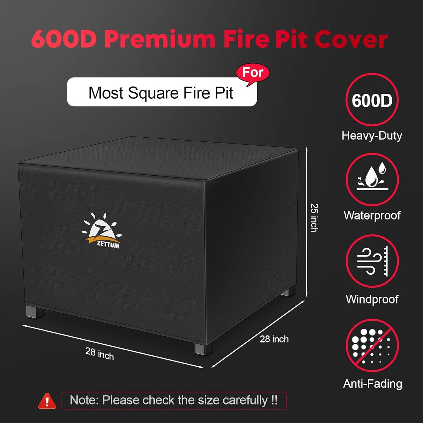 Fire Pit Cover Square 28 Inch - Outdoor Firepit Cover Heavy Duty & Waterproof, 600D Patio Fire Table Cover Gas Fire Pit Accessories Fit 28" Yaheetech and 28" Ciays Firepit - 28 x 28 x 25 Inch