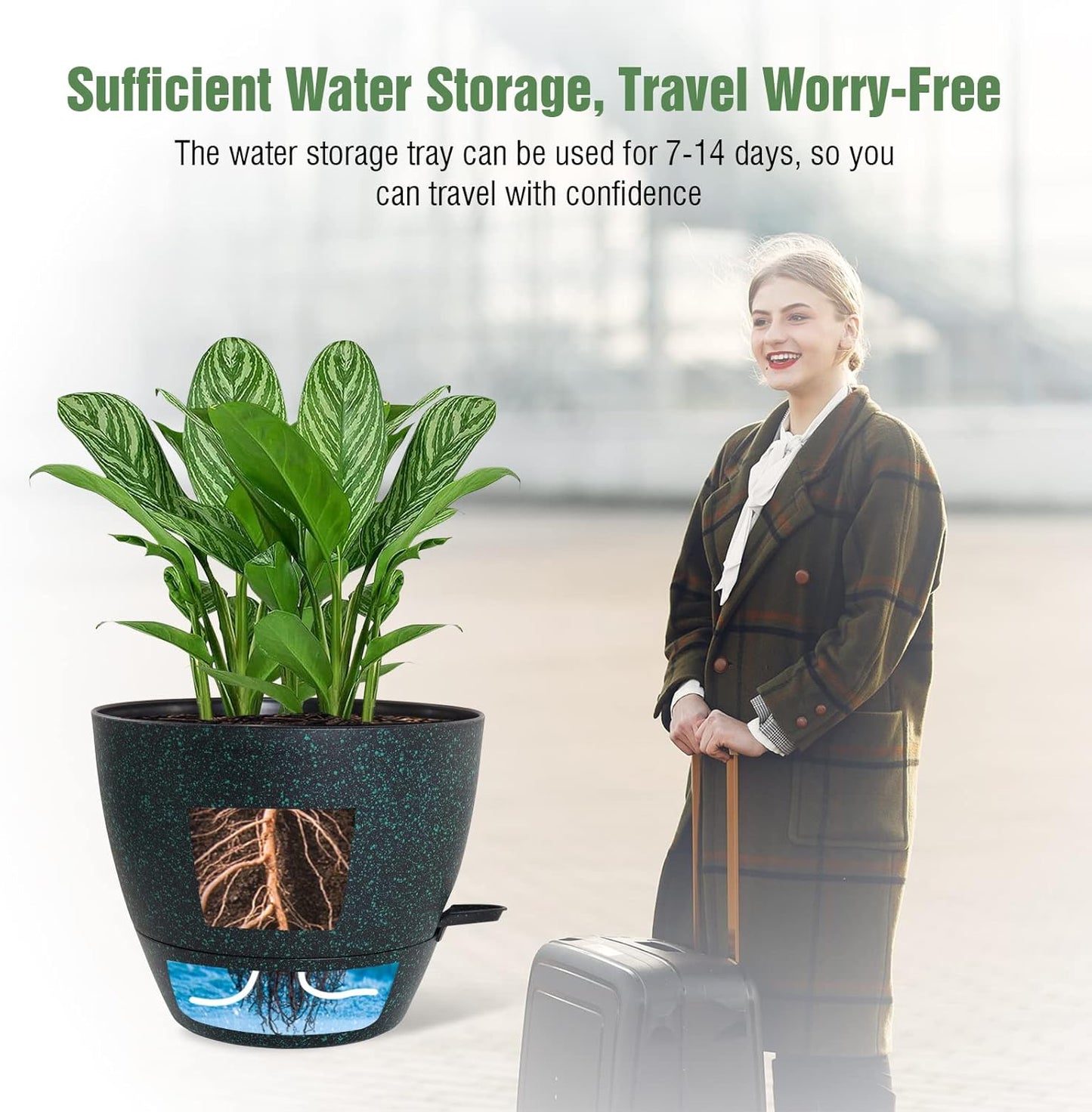 WOUSIWER 10 inch Self Watering Planters, 2 Pack Large Plastic Plant Pots with Deep Reservior and High Drainage Holes for Indoor Outdoor Plants and Flowers, Speckled Black with Green