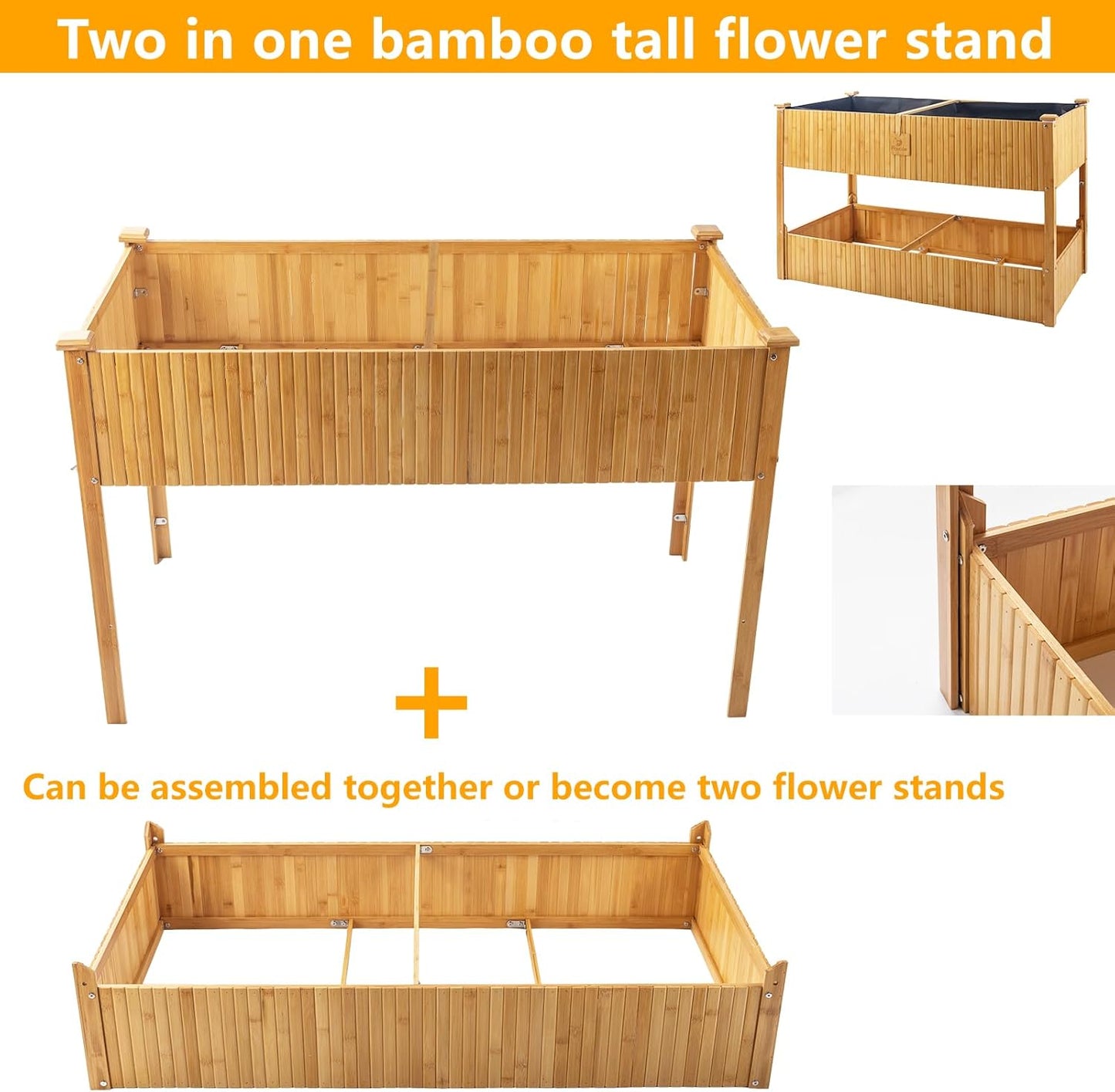 Raised Garden Bed - 2-Tier Elevated Planter Box for Herbs, Vegetables, Succulents & Flowers | 48x25x30 Inch Standing Growing Bed | Outdoor/Indoor Bamboo Planter