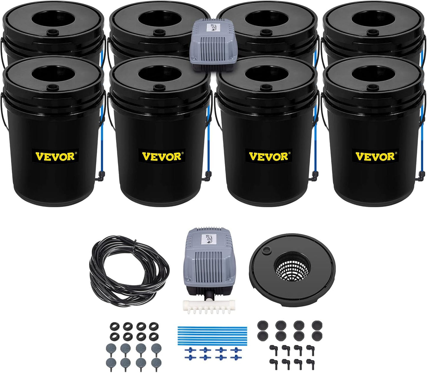VEVOR DWC Hydroponic System, 5 Gallon 8 Buckets, Deep Water Culture Growing Bucket, Hydroponics Grow Kit with Pump, Air Stone and Water Level Device, for Indoor/Outdoor Leafy Vegetables