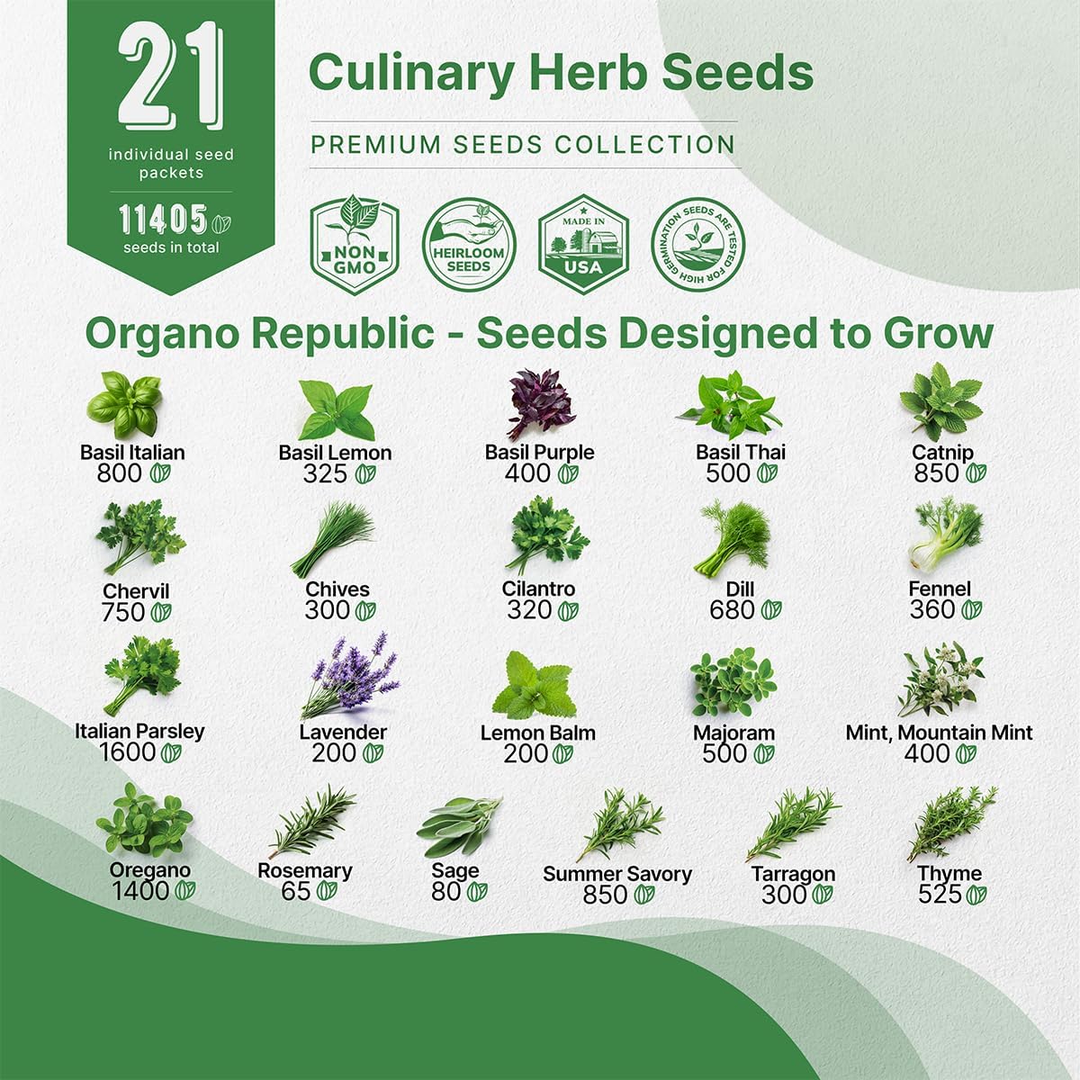 21 Culinary Herb Seeds Variety Pack - Heirloom, Non-GMO, Herb Seeds for Planting Outdoor and Indoor - Home Gardening. Over 11,400+ Seeds Including Rosemary, Thyme, Oregano, Mint, Basil, Parsley & More