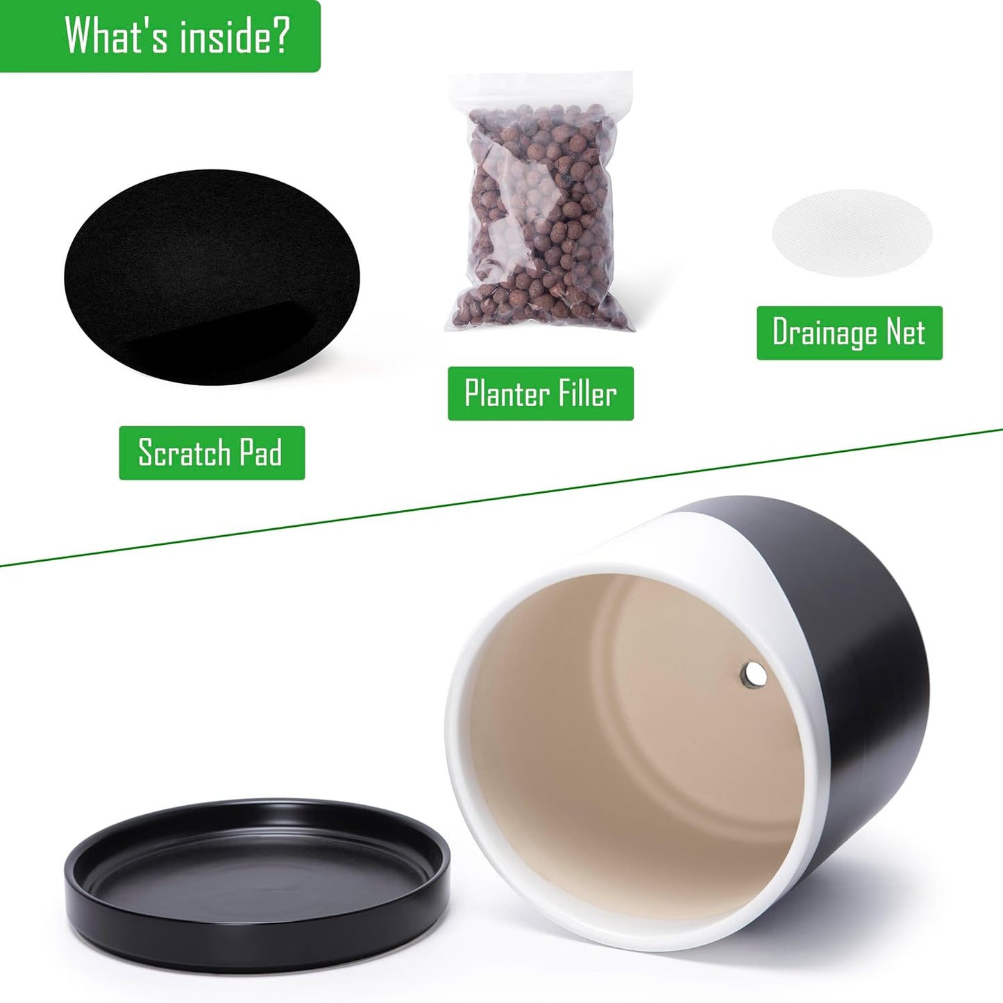 D'vine Dev 12 Inch Ceramic Planter Pot with Drainage Hole and Saucer, Indoor Cylinder Round Planter Pot, Oblique Monochrome Black and White, 94-O-F-K