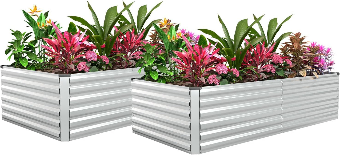 FOOWIN 2pcs 8x4x2ft Galvanized Raised Garden Bed, Planter Raised Garden Boxes Outdoor, Large Metal Raised Beds for Gardening, Garden Bed for Vegetables, Flowers, Herb,478 Gallon Capacity, Silver