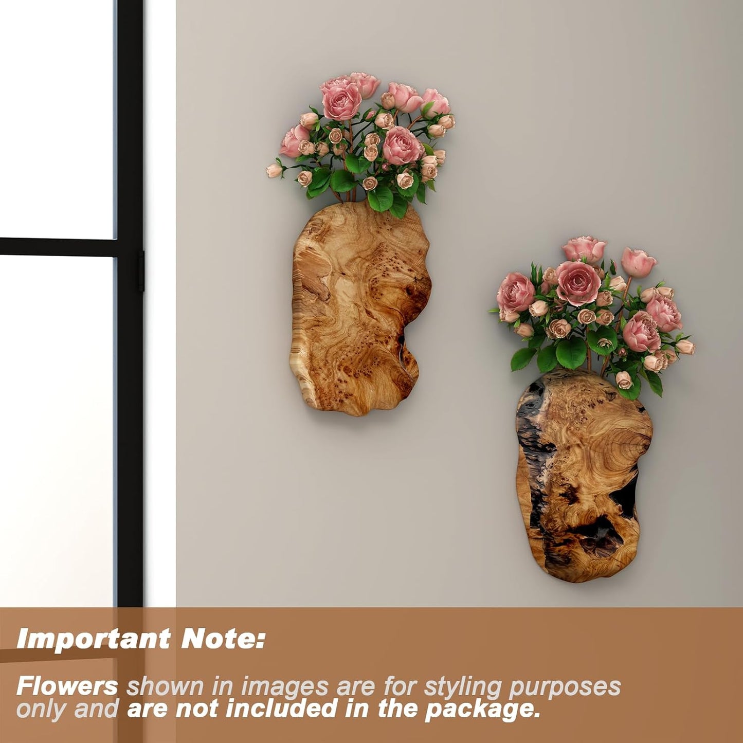 JOLLYMER 2-Pack Cedar Wood Live Edge Wall Vases – Natural Edge Hanging Flower Vase, Organic Root Carved, Rustic Home Décor, Handcrafted Wall Mounted Wooden Vase (Flowers Not Included)