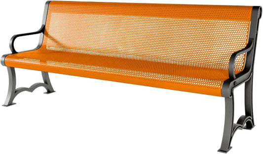 Heavy-Duty Outdoor Bench Thermoplastic Coated, Punched Steel, Commercial-Grade Garden Bench, Made in America (Portable with Back, 6 Ft, Textured Orange)