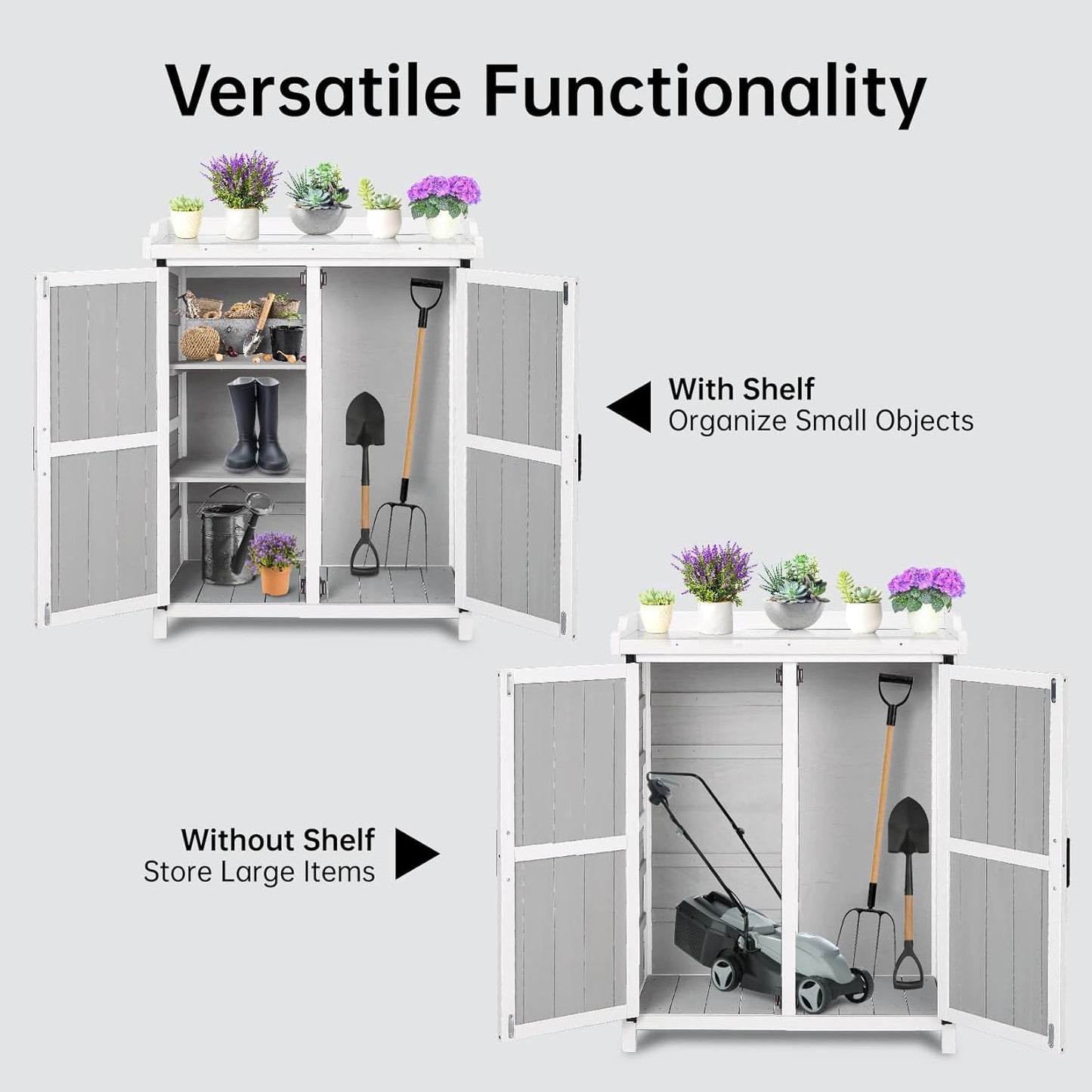 Outdoor Cabinet with Metal Tabletop Garden Potting Bench Table - Outdoor Garden Patio Wooden Storage Cabinet with Adjustable Shelf, Wooden Storage Cabinets, Weatherproof for Garden Patio Lawn