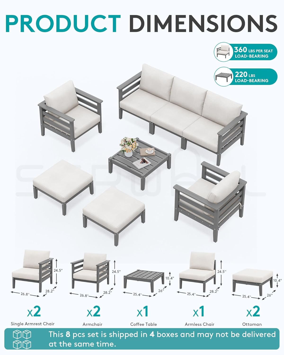 SERWALL HDPE Patio Furniture Set, 8 Pieces Composite Outdoor Furniture, All-Weather Wood-Like Outdoor Sofa Couch with Coffee Table for Deck, Lawn, Grey Frame with Khaki Cushion