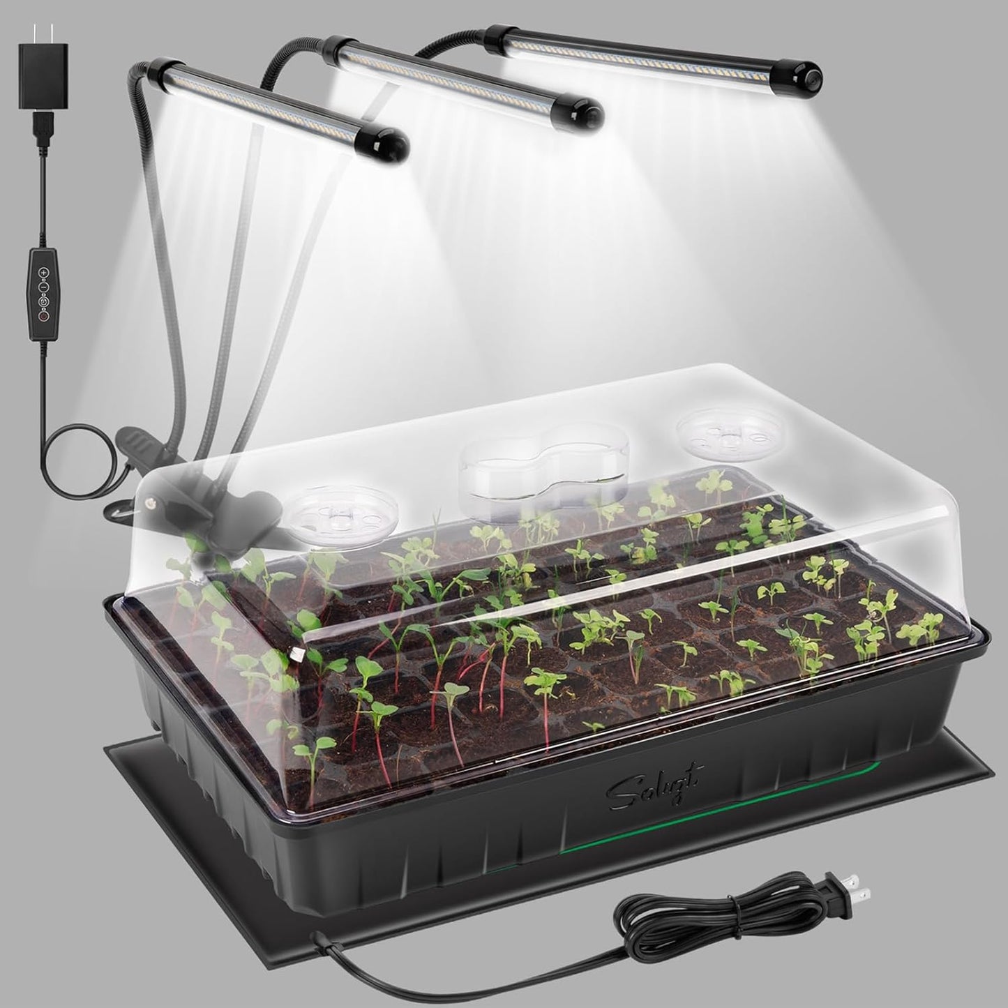SOLIGT 60 Cell Seed Starter Kit with Grow Light and Heat Mat, Seed Starter Tray with Higher 4.3” Humidity Dome, Flexible Light Positioning for Seed Starting & Seedling Growth