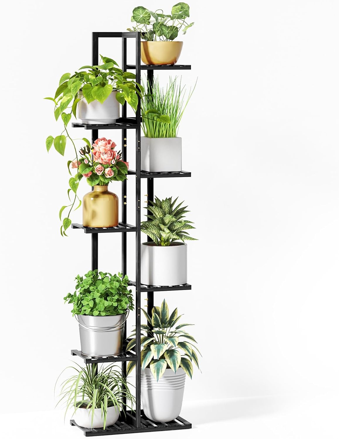 ROSSNY 55 Inch Tall Plant Stand Indoor, 7 Tier 8 Potted Bamboo Plant Stands for Indoor Plants, Corner Plant Stand, Tiered Plant Stands, Plant Shelf For Indoor, Planter Holder for Multiple Plants Indoor, Black