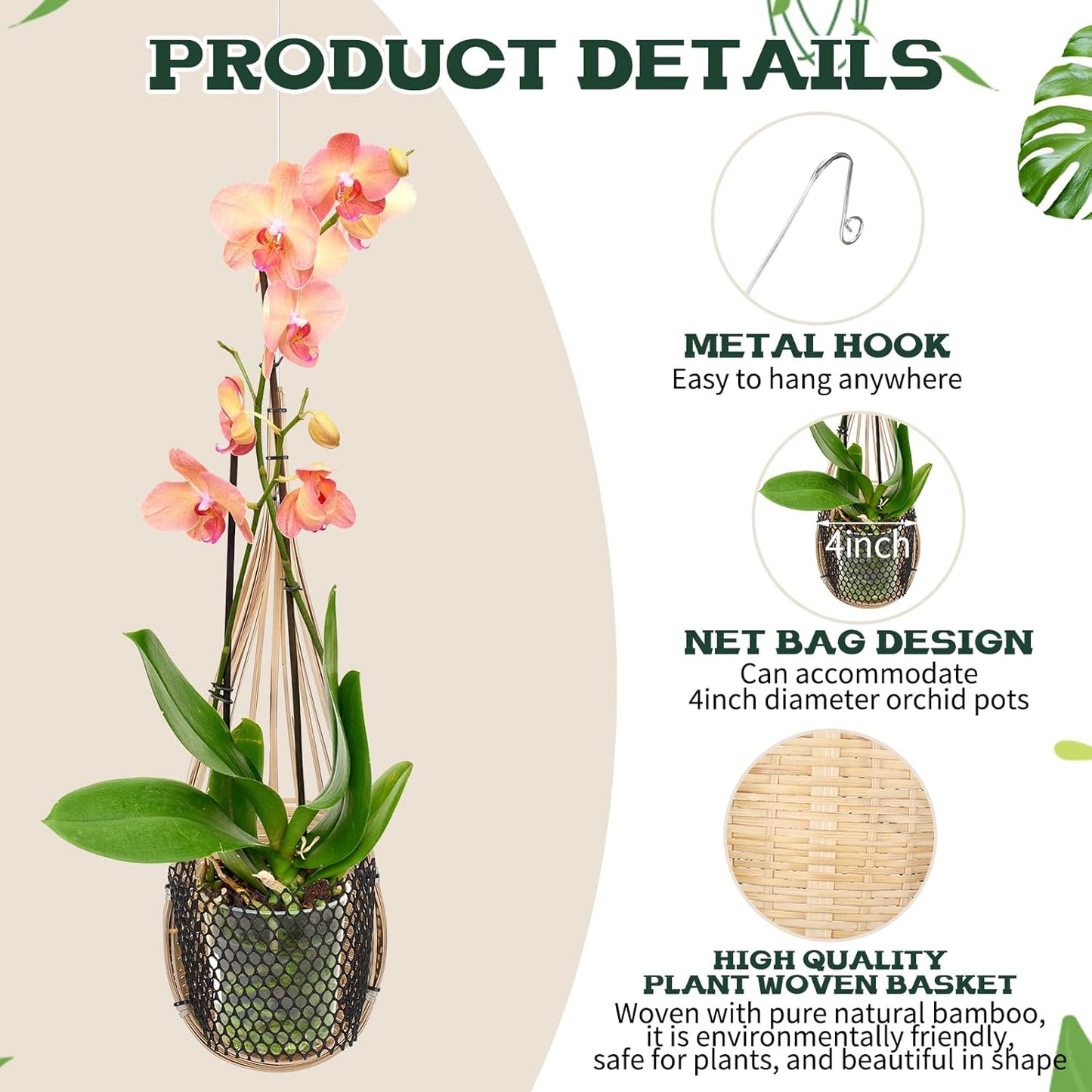 10 Pack Hanging Orchid Planter Thai Bamboo Woven 4 Inch Bird Nest Style Orchid Hanging Basket Bamboo Flower Basket with Metal Hook for Trellis Gazebo Indoor Outdoor Wall Small Flower Planter