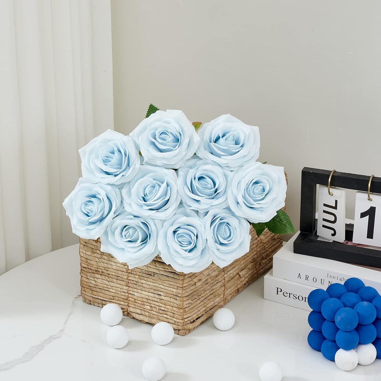 Artificial Rose 10pcs Ice Blue Open Flower Bouquet Faux Rose Stems for Wedding Arrangement, Bridal Bouquet, Centerpiece, Fake Faux Silk Flowers (Ice Blue)
