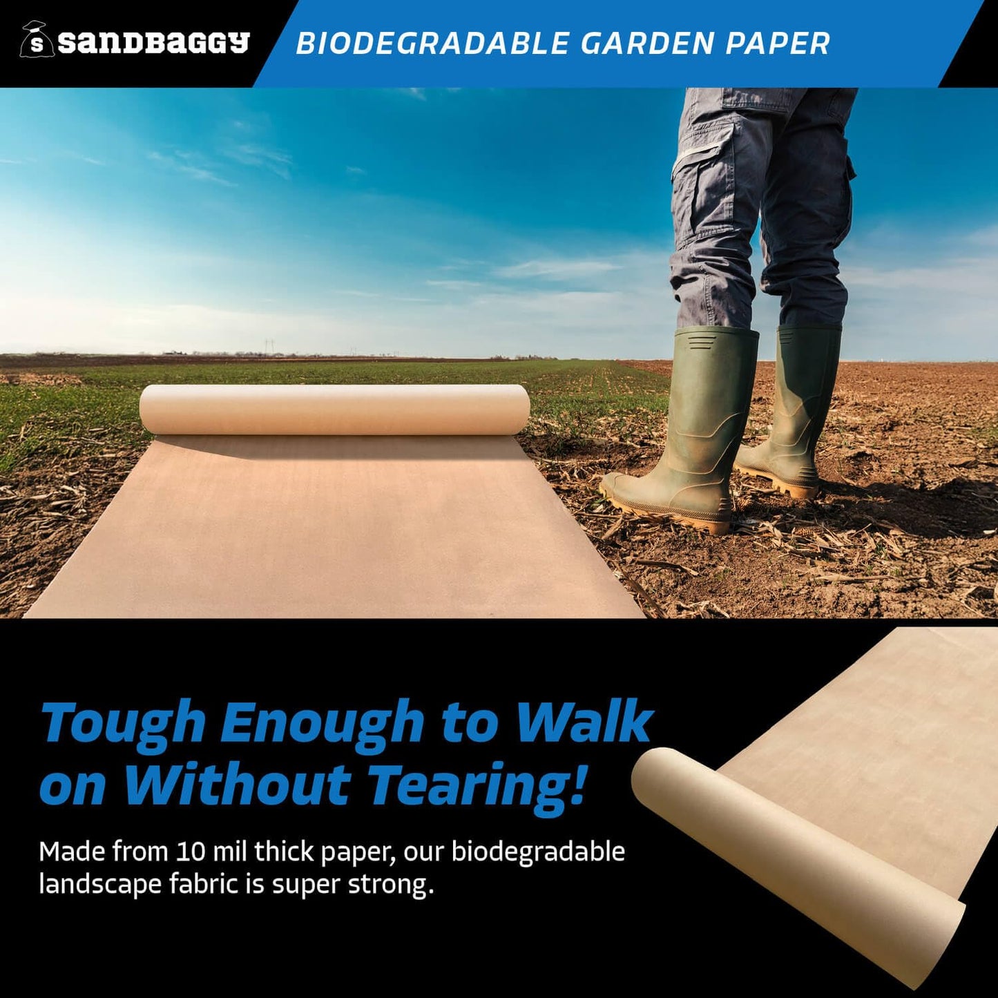 Sandbaggy Biodegradable Landscape Fabric - Garden Paper for Weeds - Paper Mulch Rolls - Made in America (4 ft x 475 ft, 1)