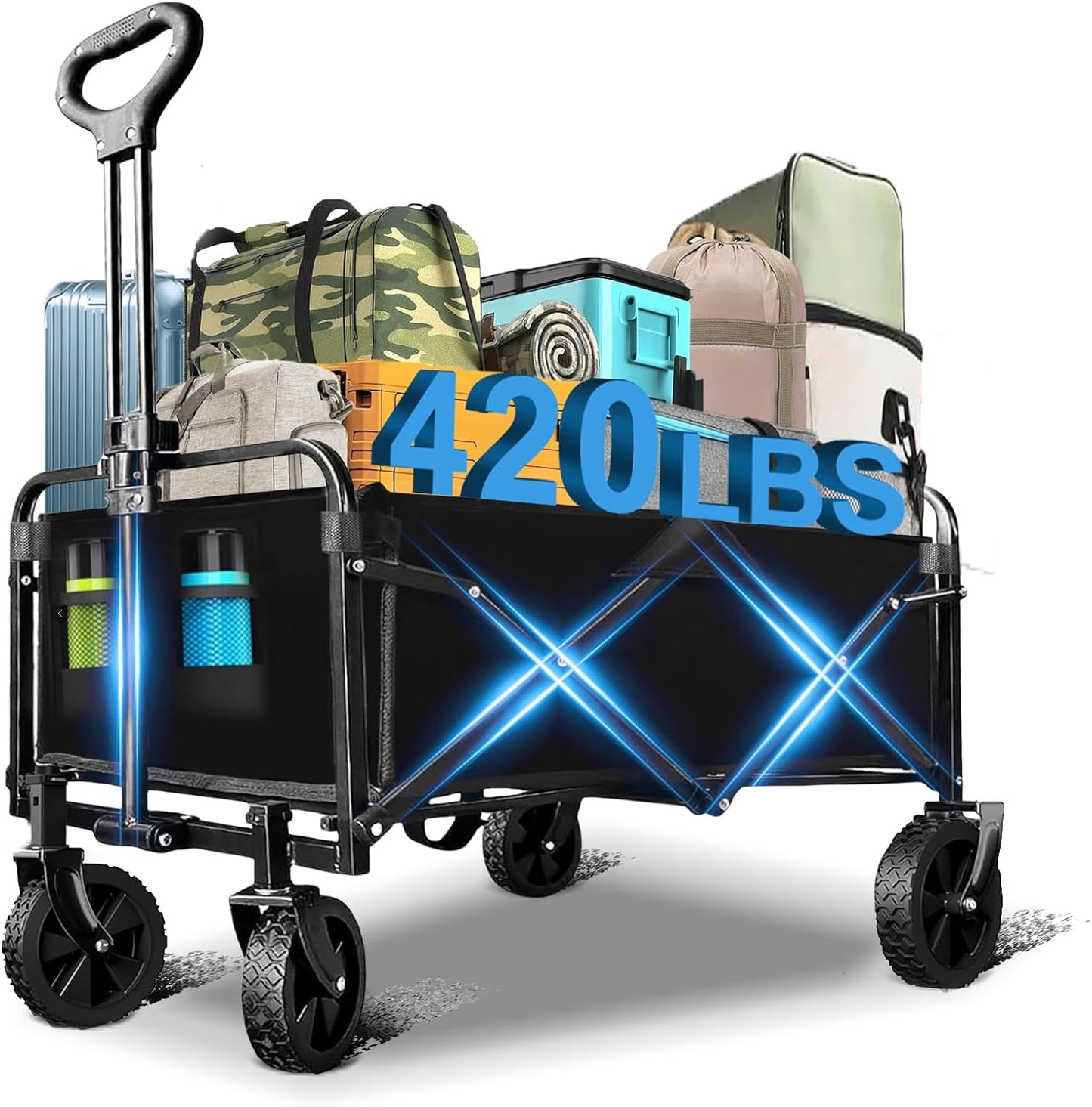 Wagons Carts Foldable, Collapsible Wagon with All-Terrain Wheels 420lbs Weight Capacity Heavy Duty Utility Wagon with Drink Holders for Beach, Garden, Camping, Shopping Groceries, Sports