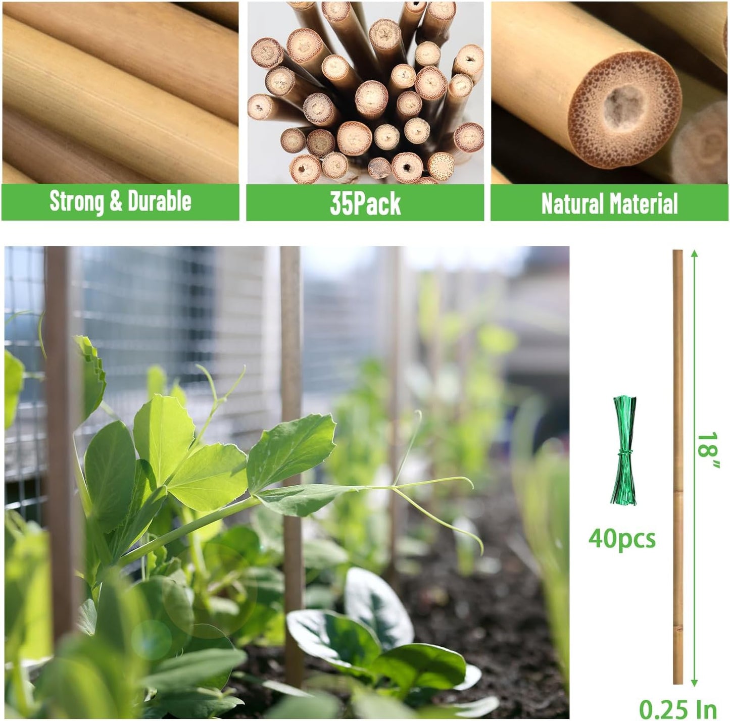 35Pcs Plant Stakes,Premium Natural Bamboo Garden Stakes,Bamboo Sticks Support for Indoor and Outdoor Plants,Tomato,Vegetables Beans,Potted and Climbing Plants