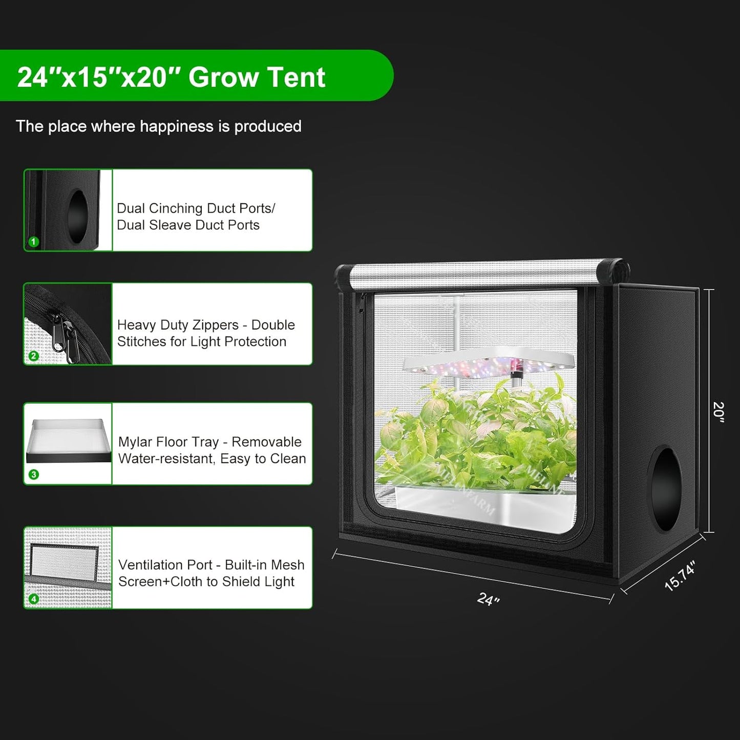MELONFARM 24"x16"x20" Grow Tent, Double Transparent Viewing Door Indoor Grow Tent, Growing Tent with High Reflective Mylar & Floor Tray, Plant Tent for Indoor Hydroponics Growing