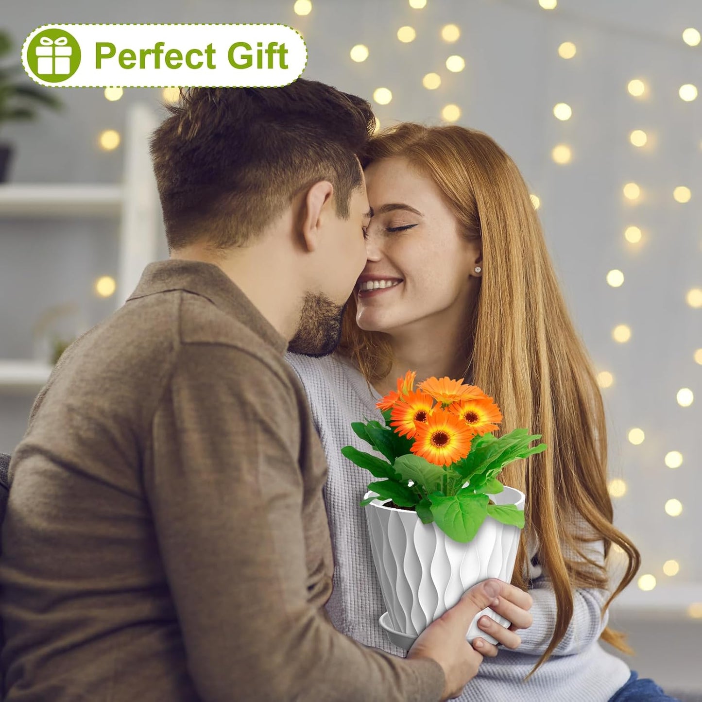 6 inch Flower Pots, 5 Pack Plant Pots for Indoor Outdoor Plants, Water Ripples Plastic Planters with Drainage Holes and Saucers, Nursery Pots for Small Succulent Garden House Plants, White