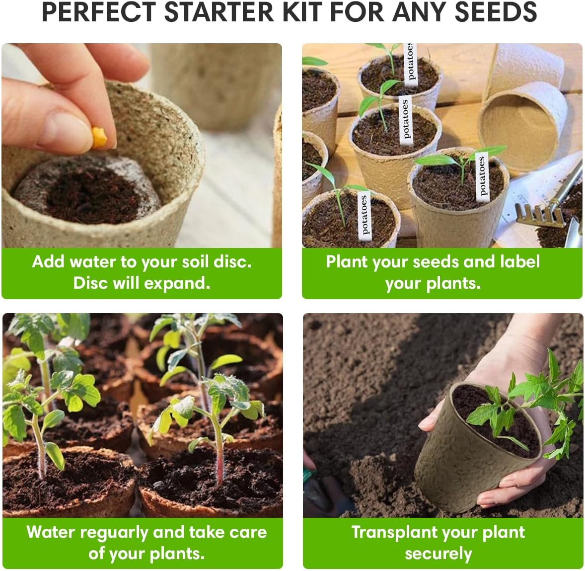 Seedling Starter Kit Germination Grow Cups and Soil (10 Pack) Biodegradable Peat Pots, Coco Coir Soil Discs, Plant Markers - Organic Grow Kit for Seed Germination, Indoor/Outdoor (2)