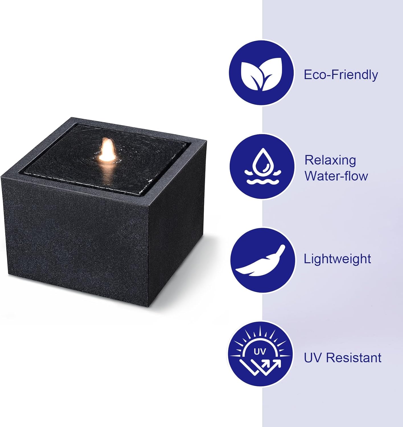 12.79” H Outdoor Water Fountain Made with Eco-Friendly Recyclable Materials, Polyethylene Square Bubbler Outdoor Fountain, Garden Decor with LED Light for Patio, Porch, Backyard