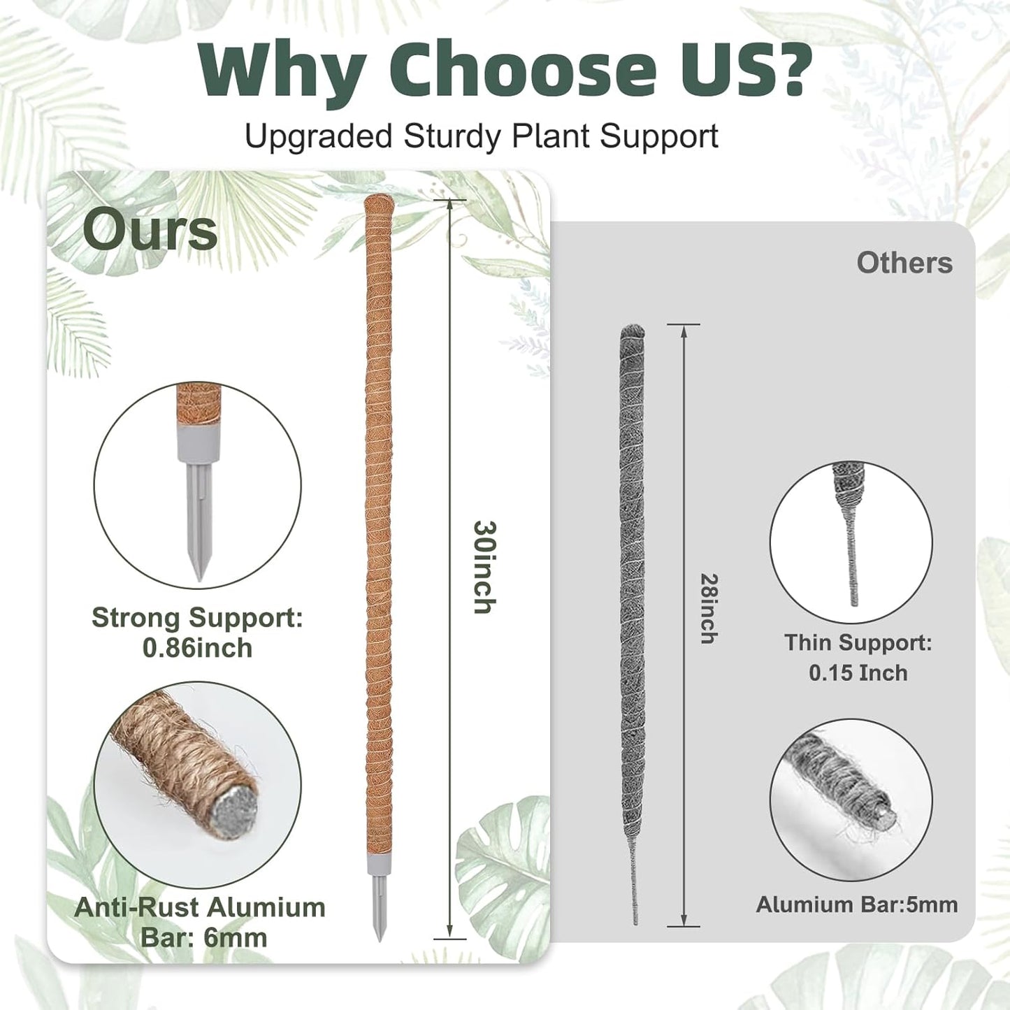 3 Pack Moss Pole, 30 Inch Monstera Plant Support， Moss Poles for Climbing Plants Indoor DIY, Coco Coir Plant Pole Moss Plant Stick Support Stake Kit for Potted Plants, Pothos, Philodendron