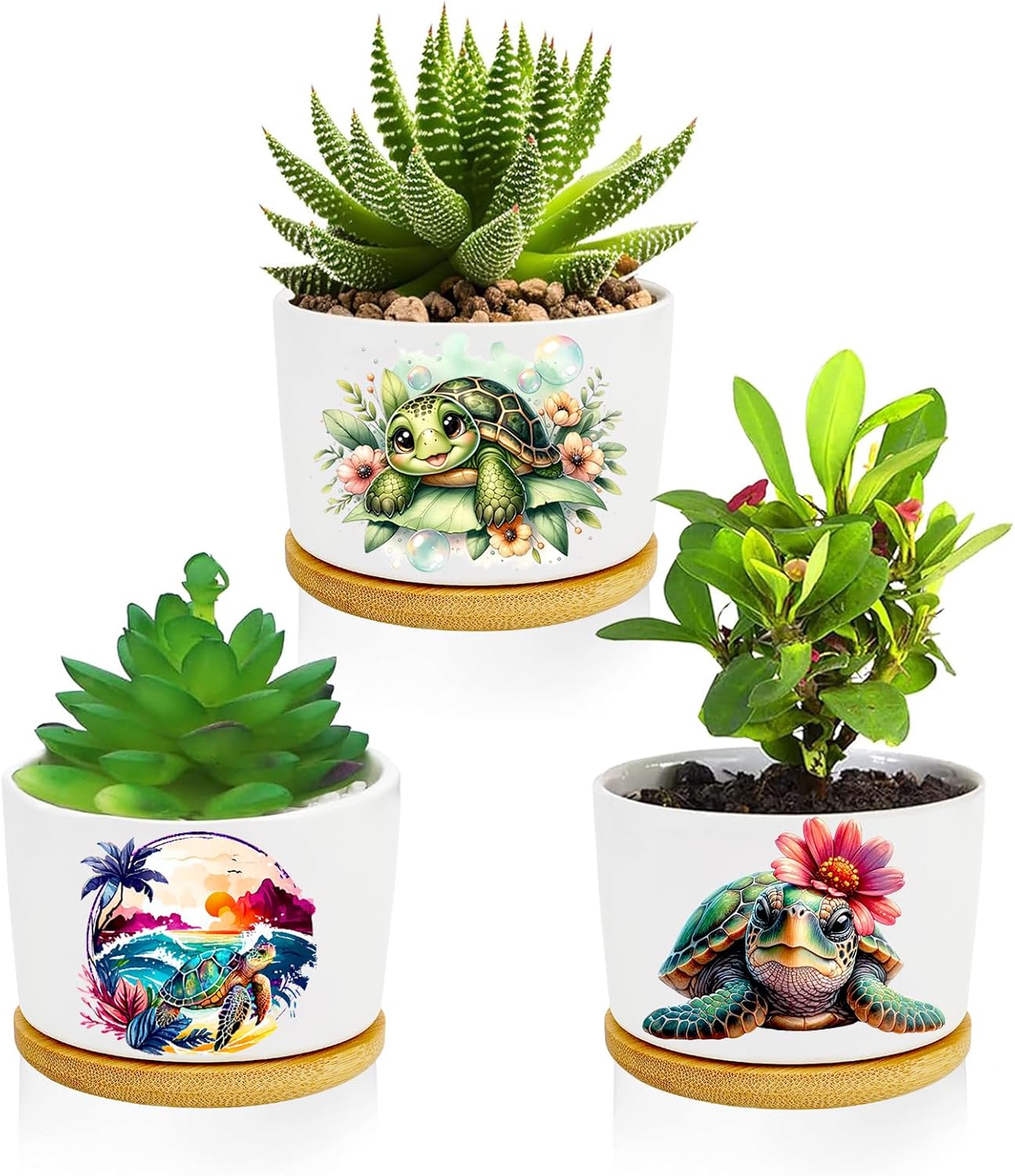 Turtle Succulent Pots 3 Pack, 3 Inch Succulent Planters with Drainage and Bamboo Tray, Turtle Gifts for Women, Ceramic Small Pots for Baby Plants, Cactus, Herbs- Plants Not Included