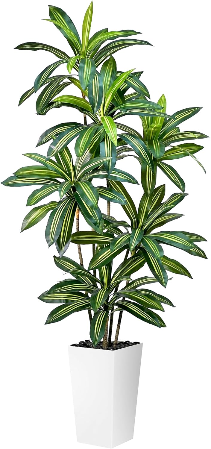 Artificial Dracaena Tree 7FT Tall Fake Plant with White Pot - Realistic Faux Dragon Tree with Tall Planter - Indoor Floor Plant for Home, Office,Mall, Living Room, Bedroom Decor (White - Planter, 7ft)