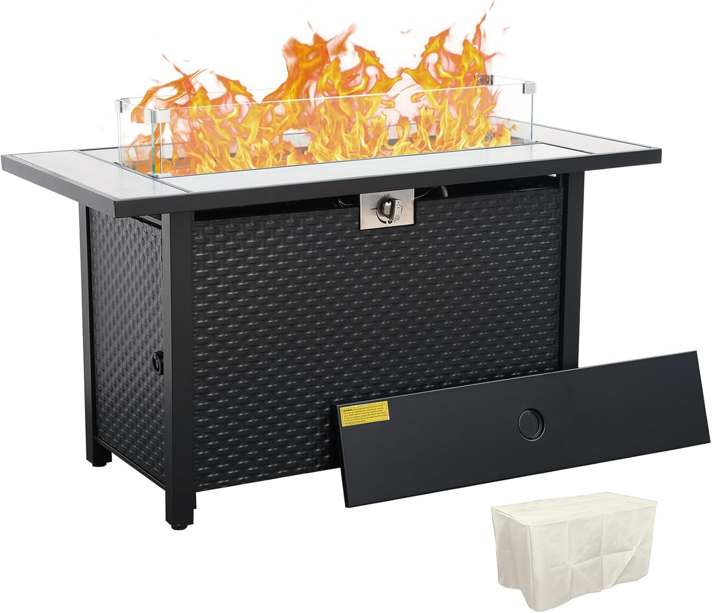 Rattaner 45 Inch Fire Table for Outside 60000 BTU Steel Gas Pit Outdoor with Woodgrain Marble Tabletop Glass Wind Guard Cover and Blue Crystal Beads