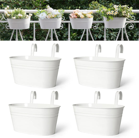 Dahey Metal Iron Hanging Flower Pots for Railing Fence Hanging Bucket Pots Countryside Style Outdoor Planter Window Flower Plant Holder with Detachable Hooks Home Decor,White,4 Pcs