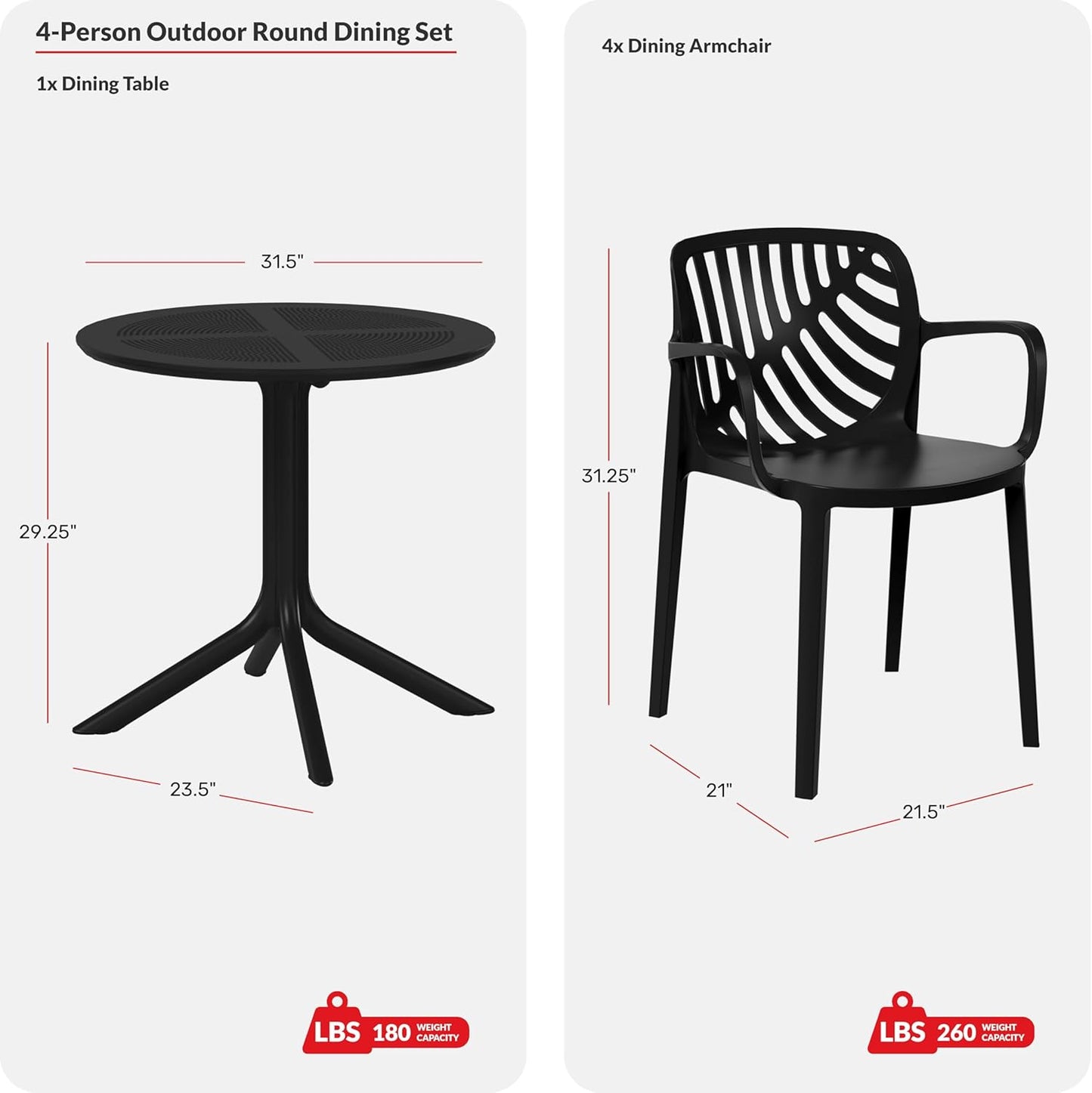 4 Person Dining Table Set, HDPE Patio Round Dining Table and Stackable Chair, Kitchen & Dining Room Sets All Weather for Backyard Porch Poolside, White