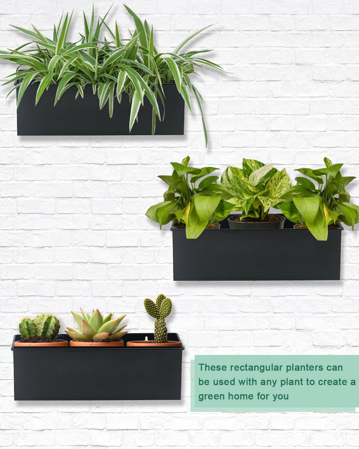 vensovo Metal Wall Hanging Planter Boxes – 12" Rectangle Flower Pots, 3 Pack with Drainage, Durable Galvanized Finish for Indoor Outdoor Balcony Fence Windowsill, Black