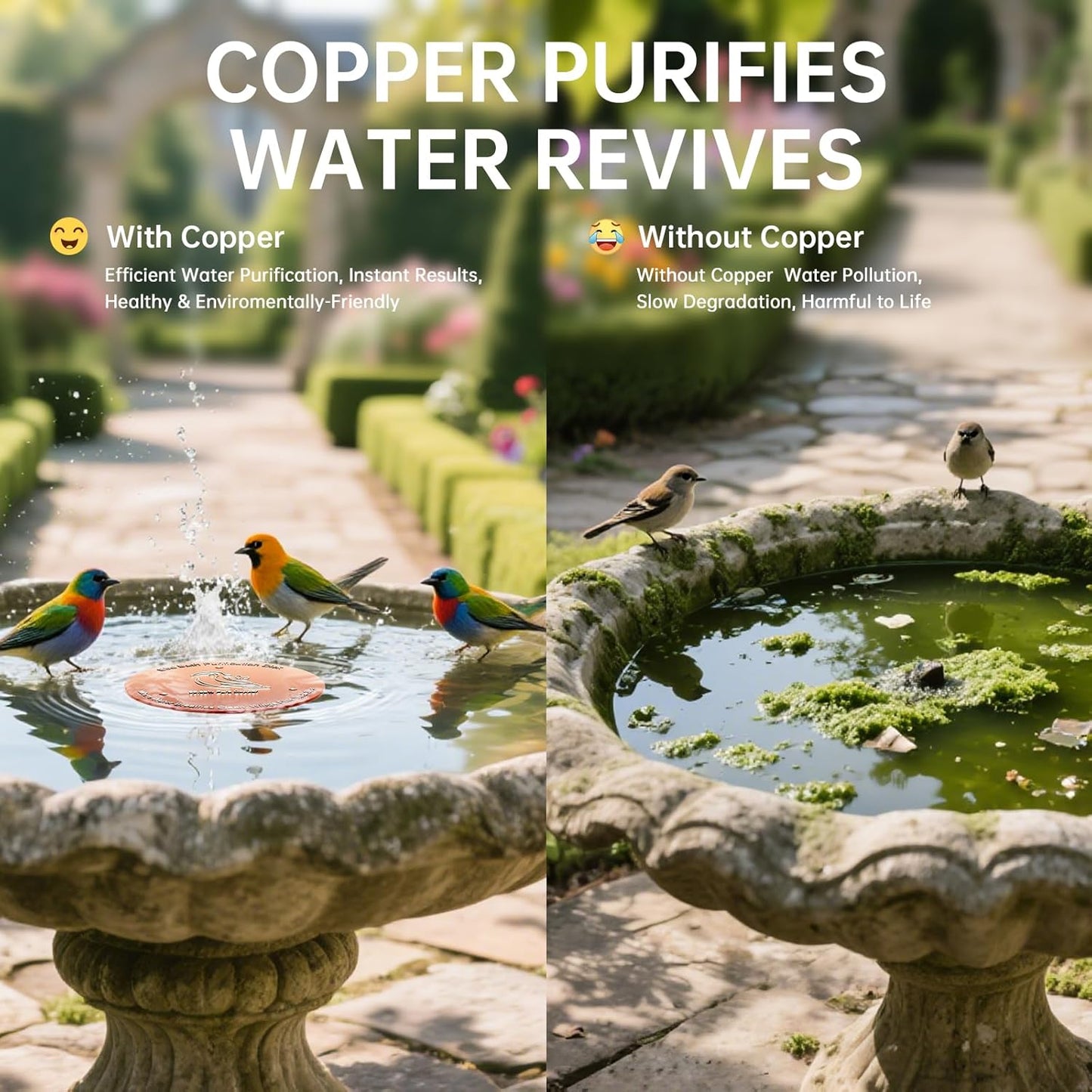 Bird Bath Copper Disk, Premium 0.6mm Sturdy 99.99% Pure Copper Disk for Bird Baths,Triple-Point Support Ensures Clean Water Year-Round, Compatible with All Outdoor Birdbath Bowls