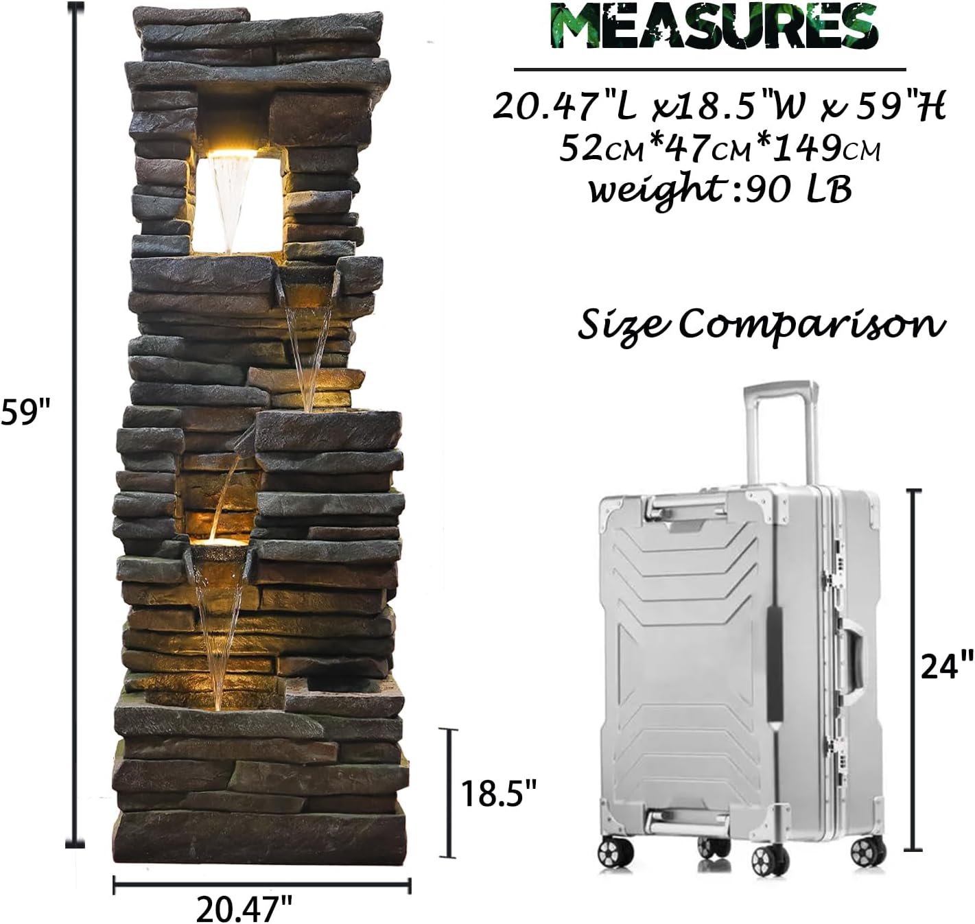 59 inches Outdoor Water Fountain Waterfall — Large Garden Rock Fountains 4-Tiered Waterfall Outdoor with Lights, Natural Stone Look Hollow Fountain for Patio Pool Porch Backyard, Stone Gray