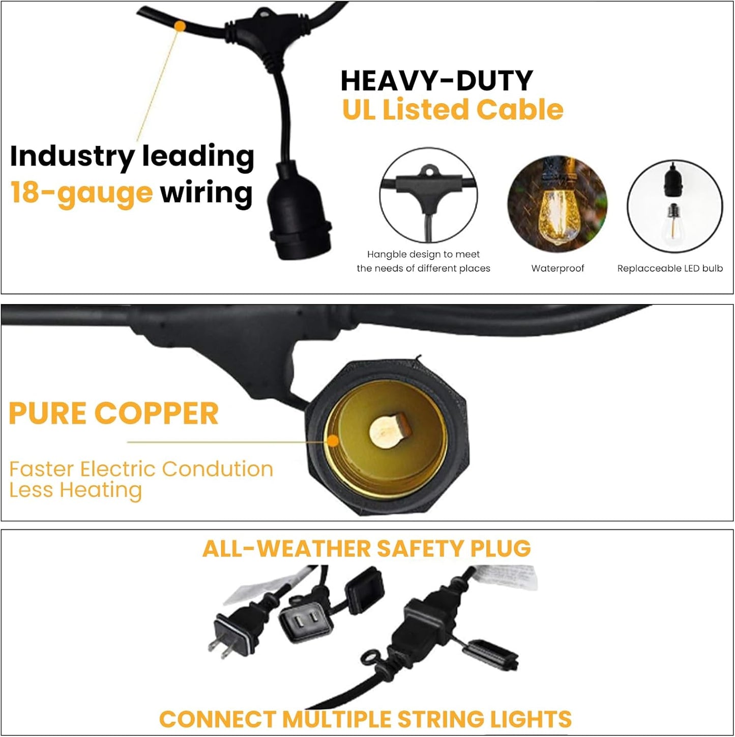 Svater 48 FT Outdoor String Lights 2W, Commercial Grade Patio Light with 15 pc Edison Shatterproof Bulbs, IP65 Waterproof LED Hanging Lighting for Bistro Cafe Market Outside Backyard, Warm White 2700K