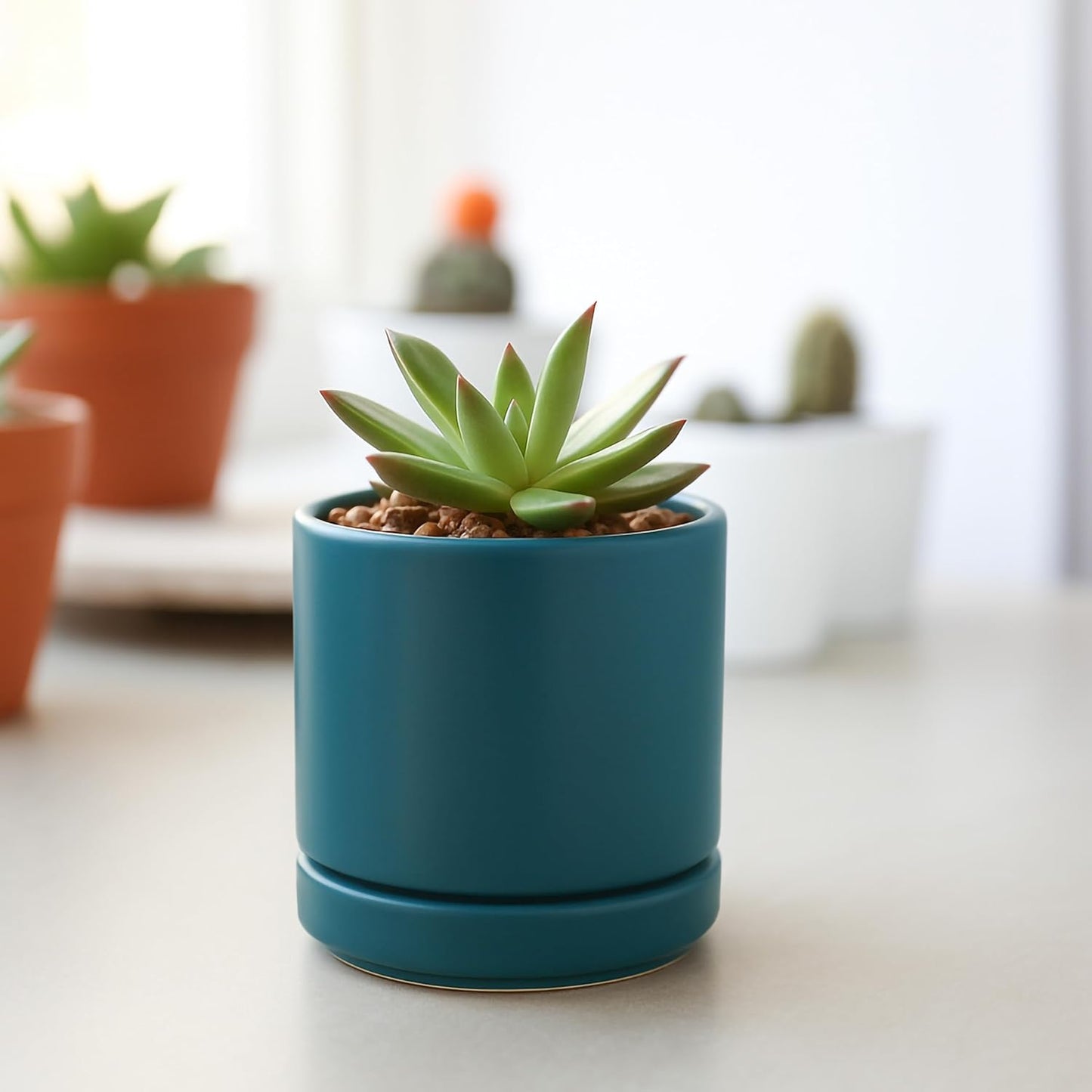 D'vine Dev 3.5 Inch Ceramic Planter Pot with Drainage Hole and Saucer, Indoor Cylinder Round Planter Pot, Teal, 94-O-A-9