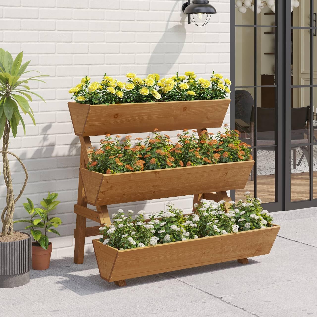 3-Tiers Wooden Raised Garden Bed Tiered Planter Box Vertical Garden Planter Wood Plant Stand for Patio, Balcony, Freestanding. (Brown L)