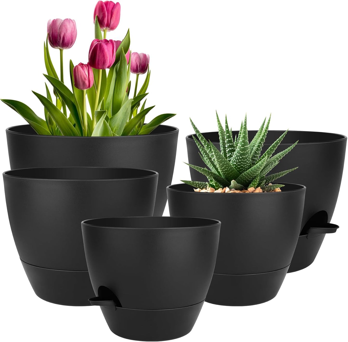 Plant Pots 10/9/8/7.5/7 Inch Self Watering Pots, Set of 5 Plastic Planters with Drainage Holes and Saucers,Plastic Flower Pots,Nursery Planting Pot for Indoor Out Door Plants(All Black)