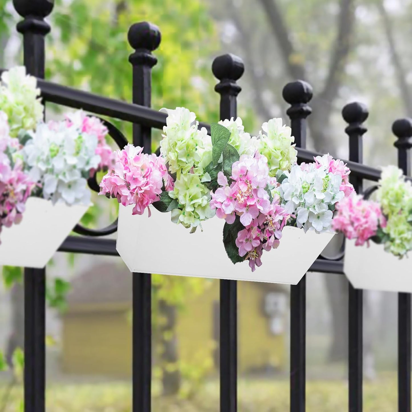 Railing Planters Outdoor Balcony 16 Inch Deck Over The Railing Planter Boxes Hanging Planters for Fence Flower 5 Pcs (White)