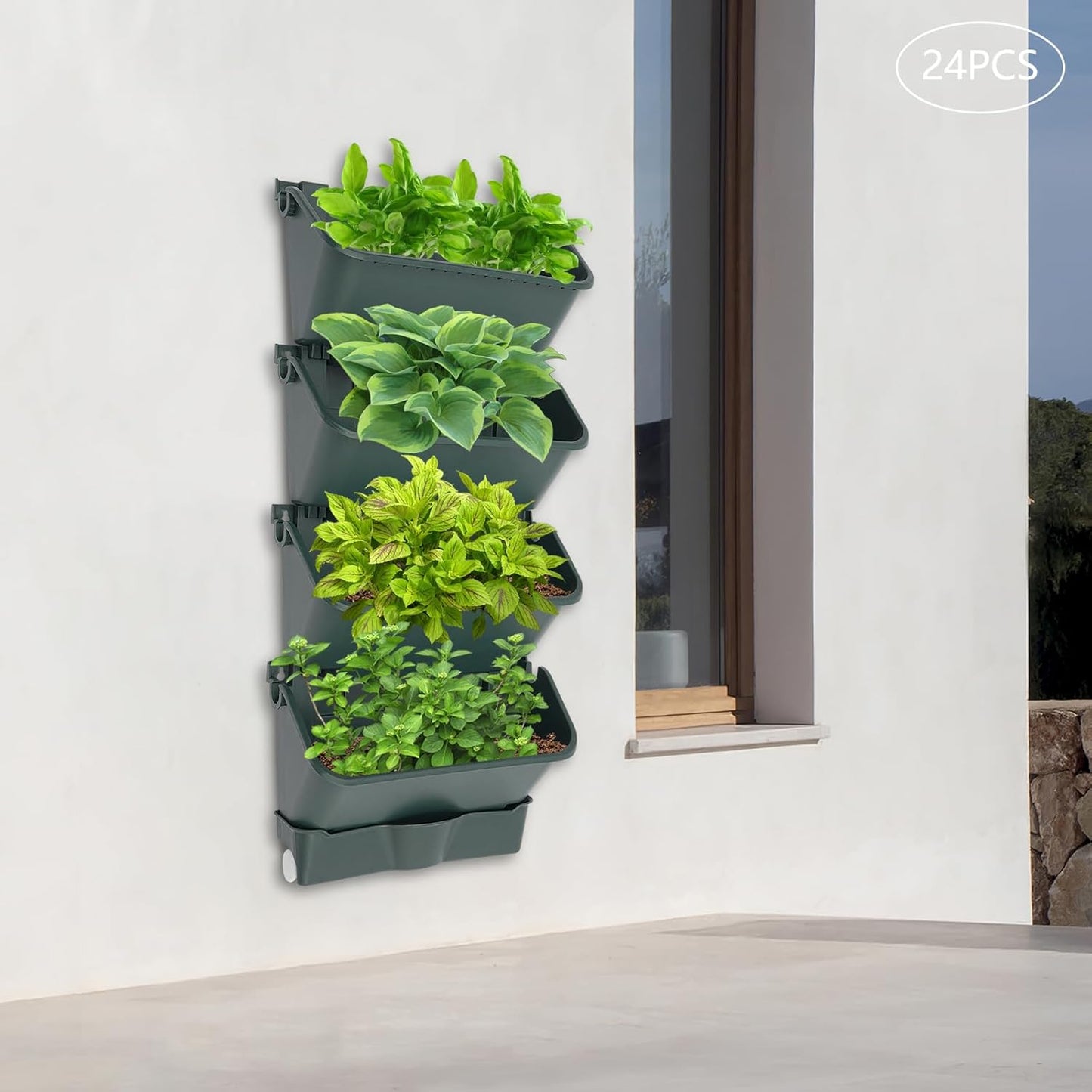 Vertical Wall Planter with 24 Pots, Hanging Garden Plant Flowerpot Holder, Stackable Wall-Mounted Planter, Balcony Planters for Flowers Vegetables Fruits (Army Green, 24 Pots+6 Drainage Planters&Pipe)