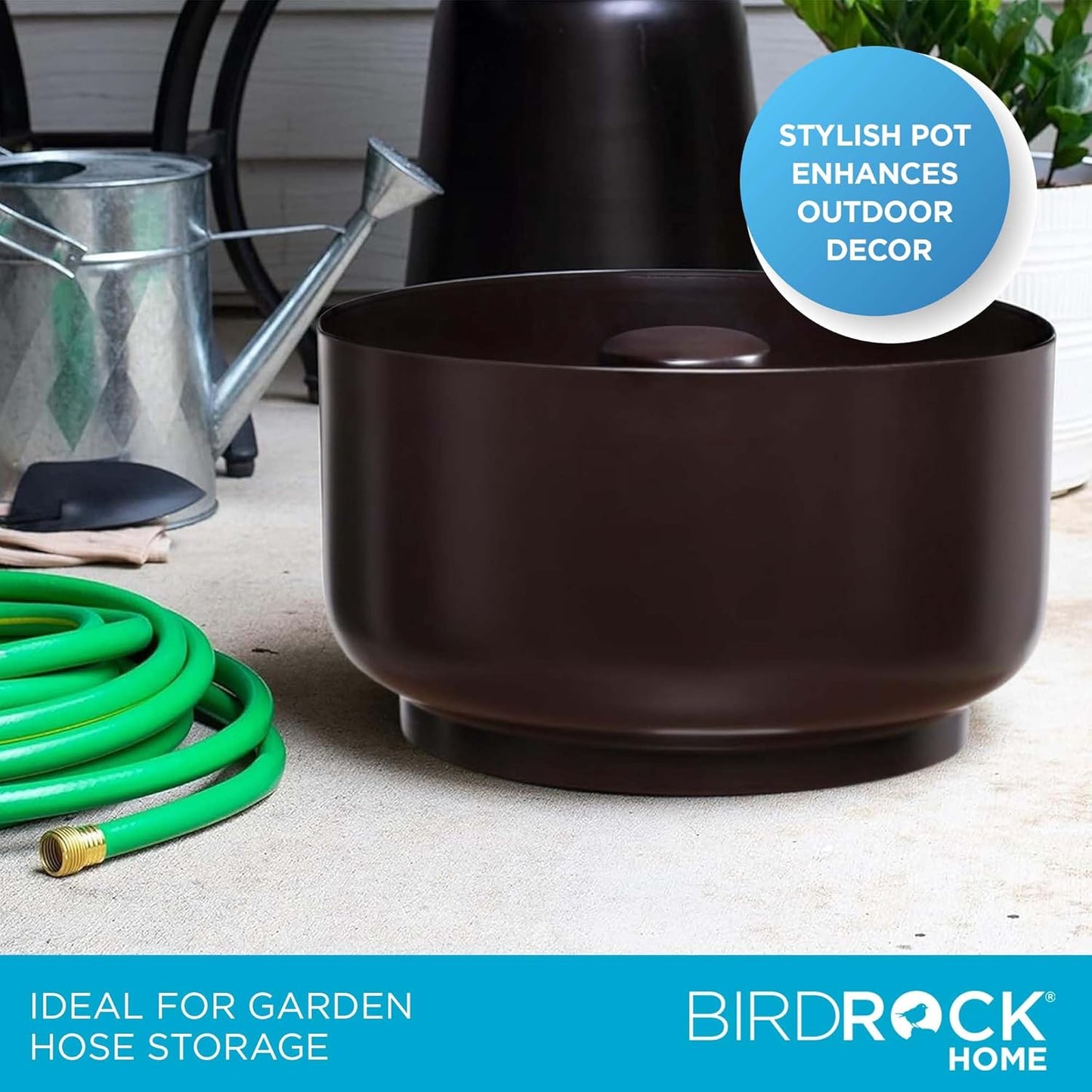 BirdRock Home Decorative Footed Water Hose Holder Pot with Lid | Holds 100ft Hose | Ground Garden Box | Powdered Coated Steel | Metal Hider | Outdoor or Indoor (Oil Rubbed Bronze)